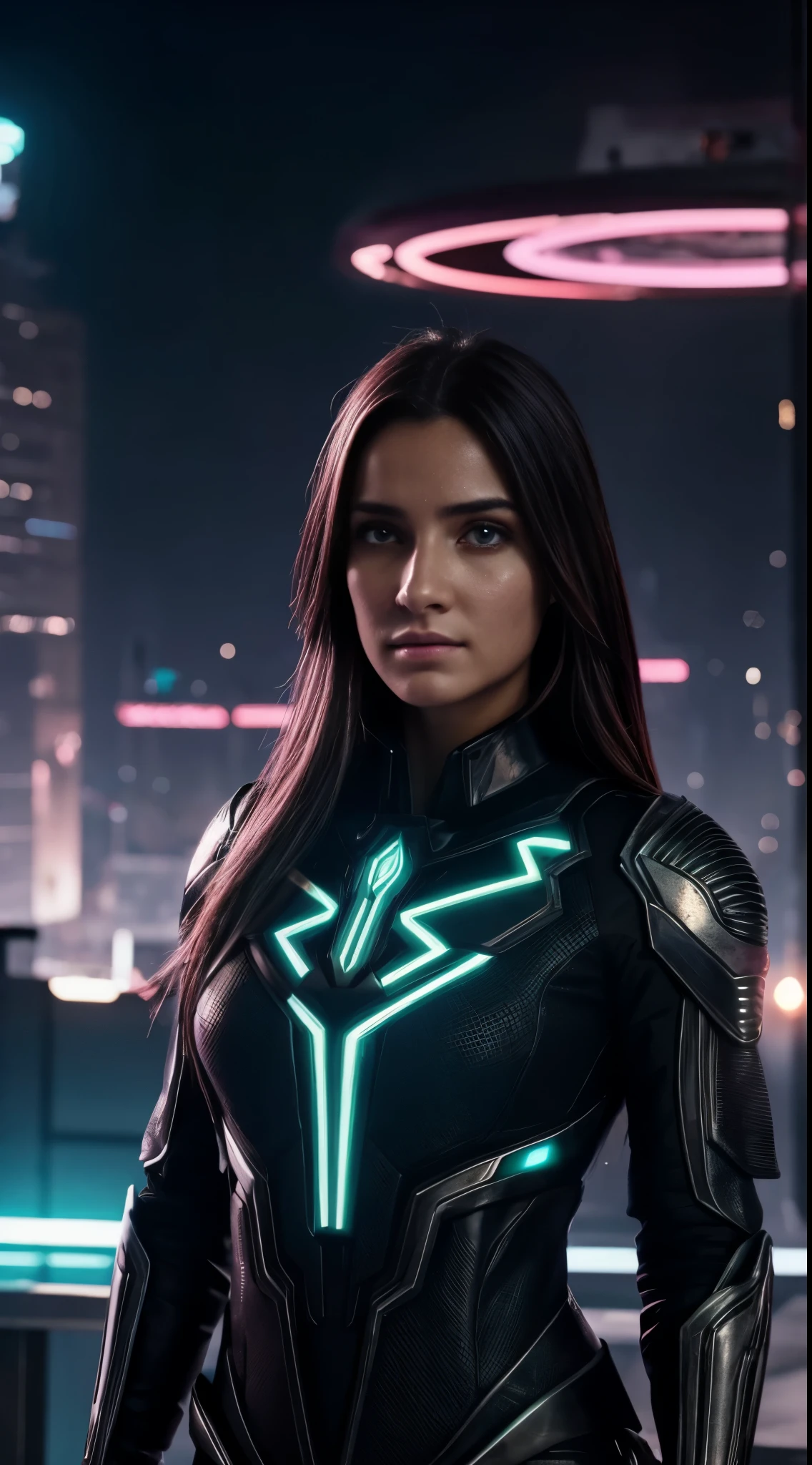 16k, HDR, RTX, Trazado de rayos, natural lighting, absurdos, Mejor obra maestra de Qaulity, Perfect anatomy highly detailed face, ojos detallados, 1girl, solamente, usar un traje de negocios, camisa, Top button open, cabello hermoso, Extremadamente hermoso, nervioso, fresco, Aura malvada, ventosas, ojos brillantes, Expresiones serias, dystopian city, futuristic, Antecedentes detallados, Galardonado, Neon lights, Tendencias en Art Station