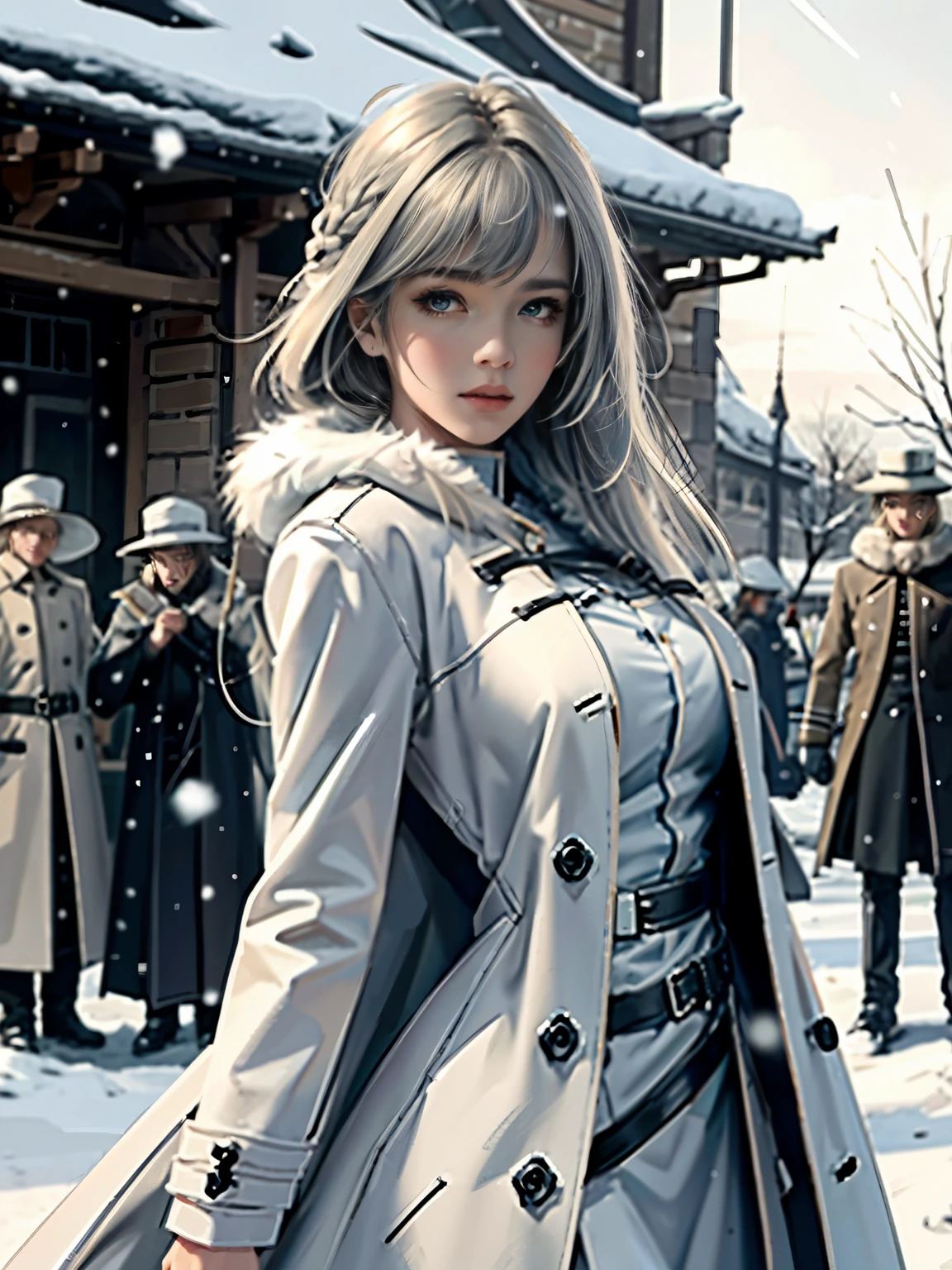 (highest resolution, distinct_image) Best quality, single person, one girl, solo, masterpiece, highly detailed, realistic, long hair, braided white blond hair, banglue military uniform underneath coat), depth of field, outdoor background, falling snow, ((big breasts)), authoritative, dignified, calm and powerful expression, ambient lighting, exquisite facial features, fur trimmed white coat, open coat, looking at viewer, head to waist, in a terrace of a monumental building, (((front bangs))), dynamic angle, striking a pose