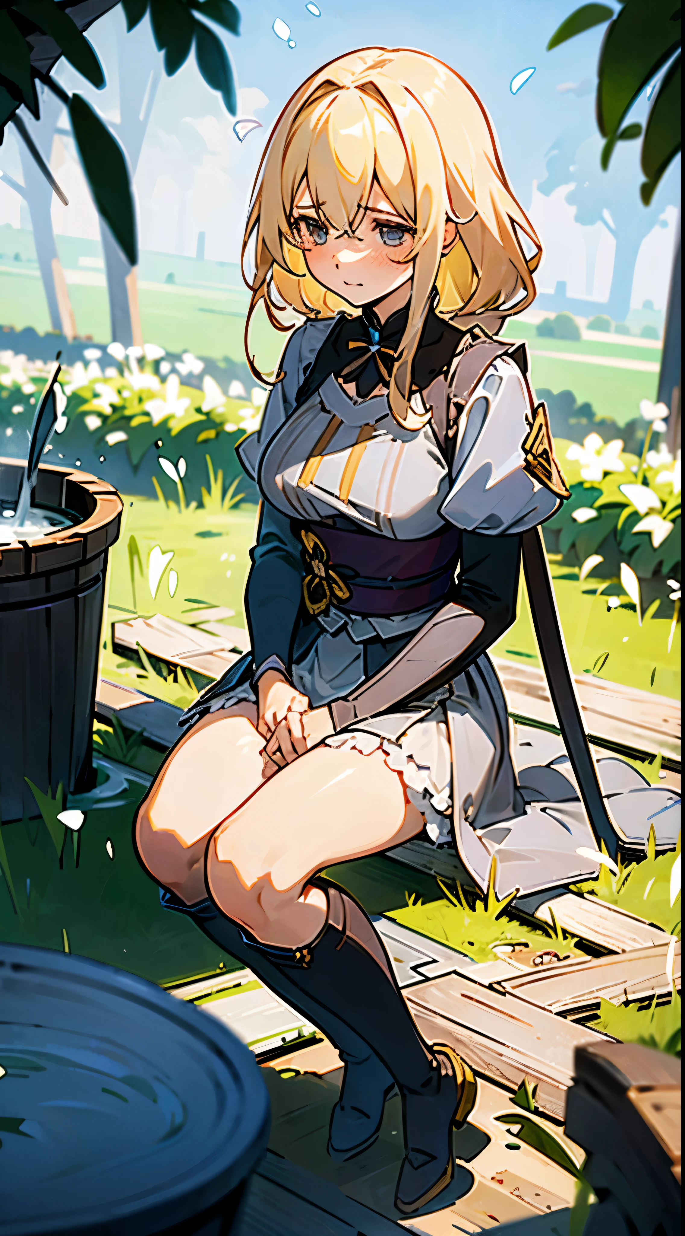 , ((a blond:1.4)), ((long:1.4)), shame, He'He恥ずかしそうな表情で私を見ている., light blue fluttering short dress, frilldの付いた白いエプロンスカートを重ねる, frilld, A large white ribbon is tied behind the waist of the dress.. , B-cup breast, Light blue fluttering mini skirt, 両足ともハイソックスは爪先から太ももの半ばあたりまであるlongい白色のknee high, ((knee high:1.4)), and draw the full body, in the forest where bright sunlight shines through, Clothes are disheveled、Chest exposed, teatsが見えている, ((teats:1.4)), Her skirt is in disarray and her crotch is visible., 股のFemale genitalsが見えている, ((Female genitals:1.4)), pee, お漏らししてpeeが股からチョロチョロと出ている, Lying on the ground, lying on one's side, Urine excreted on the ground around the waist runs down the thighs and wets the ground.., ((pissing:1.5)), i'Hold out your hand as if inviting me here, Girls are watching this, Please draw the front side from a low angle..