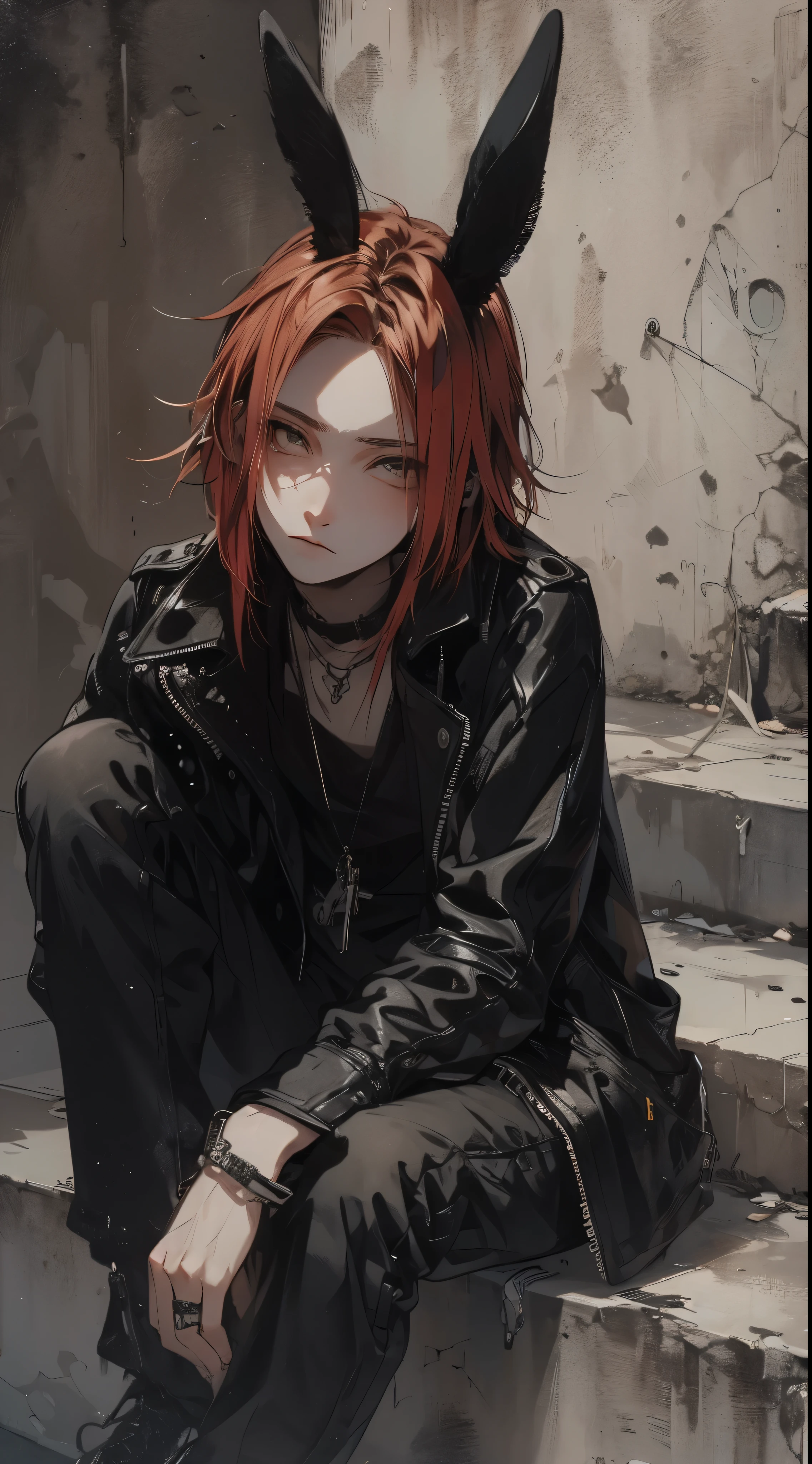 Male closeup, Beautiful young man, red shoulder length hair, Black leather jacket, Gray eyes, Black rabbit ears, dishonest expression, sit with cheekbones upright, concrete wall, Sit on concrete stairs, Dynamic lighting,High quality, amount of drawing, pixiv illustration