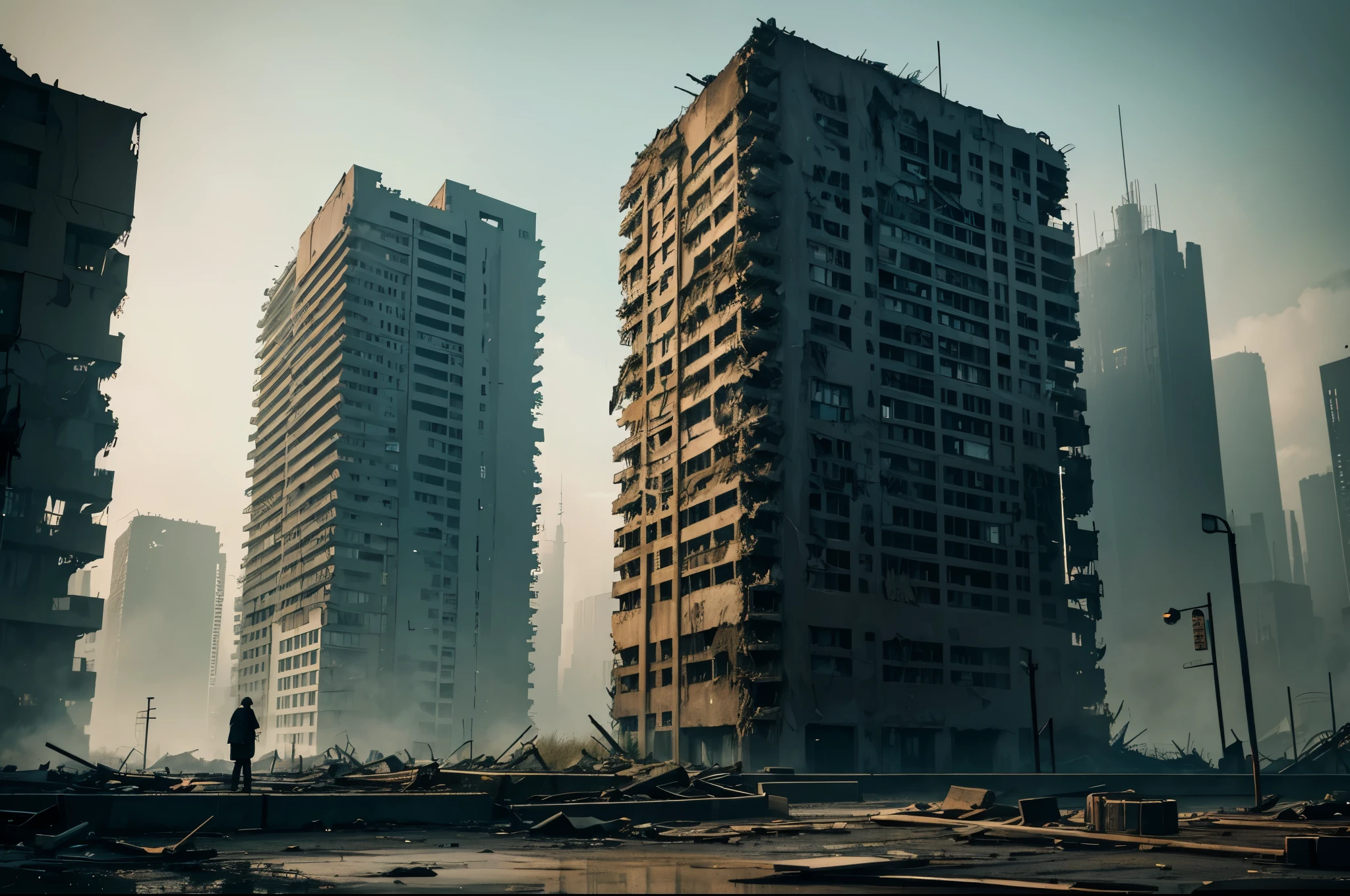 Generate a haunting image of a dystopian city in ruins, depicting a once-thriving metropolis now ravaged by destruction and decay. Picture shattered skyscrapers, crumbling infrastructure, and remnants of advanced technology amidst a desolate landscape. Convey the aftermath of a financial collapse and technological downfall with a palette of muted, ominous colors. Integrate symbols of financial ruin, broken technology, and nature reclaiming the urban environment. Craft a powerful and evocative scene that speaks to the consequences of unchecked advancement, urging viewers to reflect on the potential dark outcomes of a society driven by unsustainable finance and unchecked technological progress.