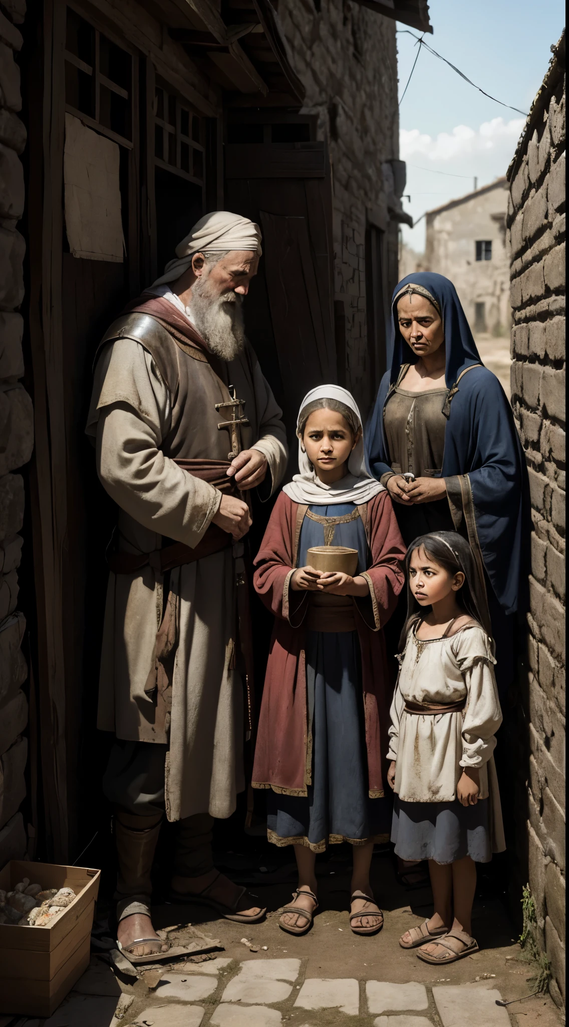 Hyper-Realistic Illustration: Medieval Poverty Stricken Family Seeking Help From Charitable Figures Like Saint Nicholas. Depicts a destitute father standing in front of a dilapidated house surrounded by poverty stricken surroundings, his face etched with despair while his three teenage daughters stand beside him looking on with trepidation. This poignant scene serves as a stark reminder of the challenges faced by impoverished households in medieval times and calls upon viewers to reflect on the importance of charitable giving and humanitarian assistance