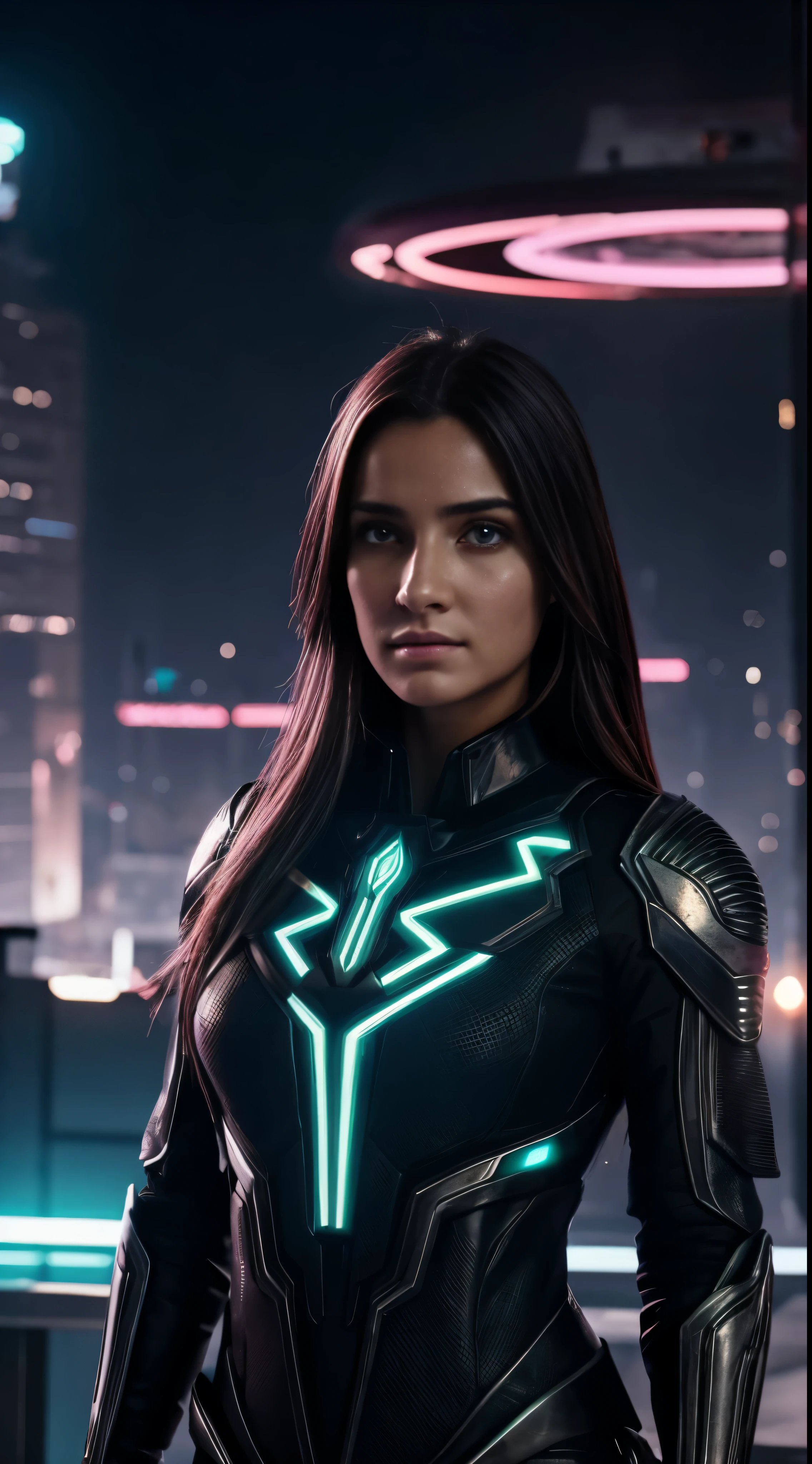 16k, HDR, RTX, Trazado de rayos, natural lighting, absurdos, Mejor obra maestra de Qaulity, Perfect ??????? highly detailed face, ojos detallados, 1girl, solamente, usar un traje de negocios, camisa, Top button open, cabello hermoso, Extremadamente hermoso, nervioso, fresco, Aura malvada, ventosas, ojos brillantes, Expresiones serias, dystopian city, futuristic, Antecedentes detallados, Galardonado, Neon lights, Tendencias en Art Station