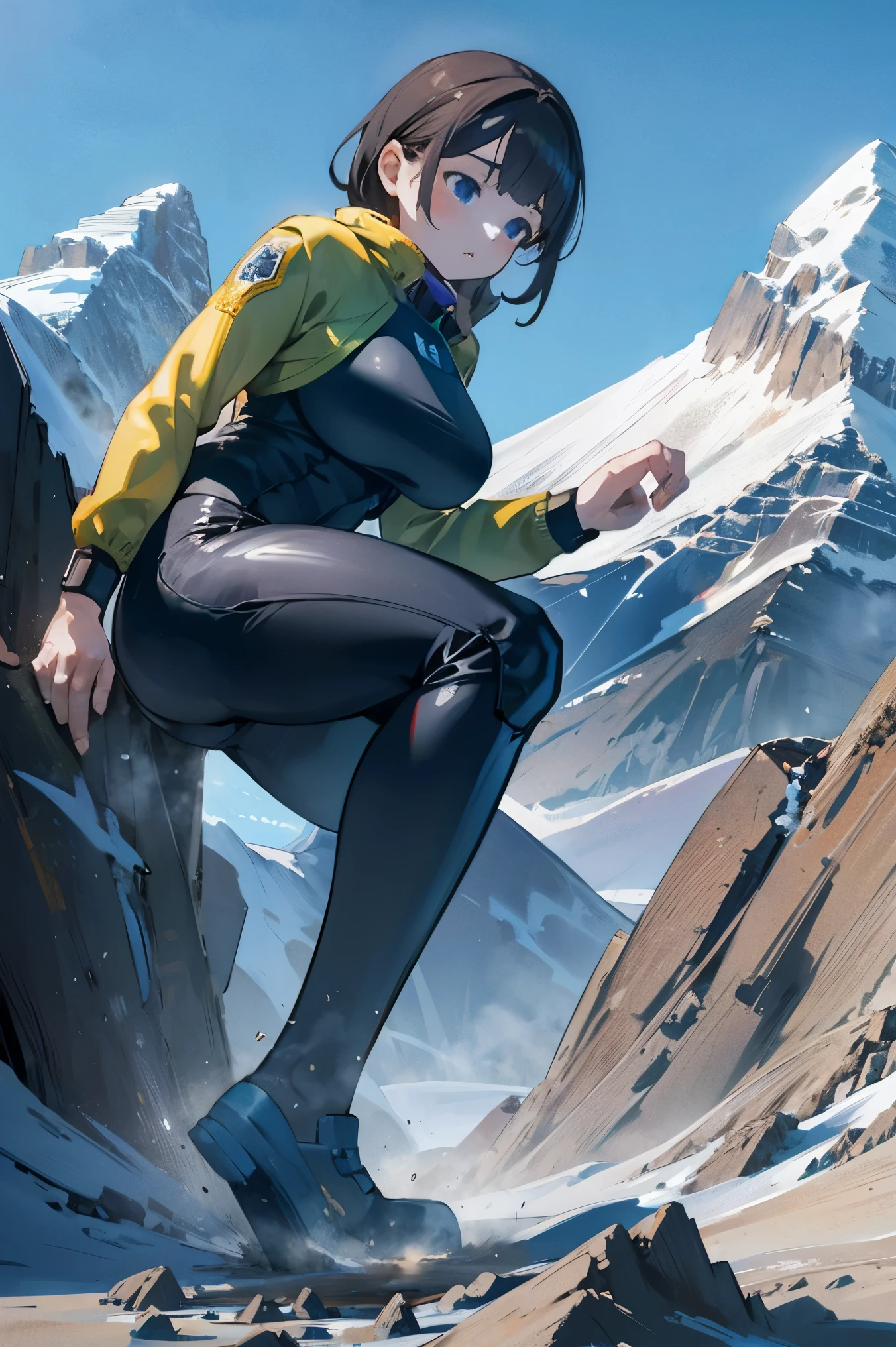 Huge girl , a girl bigger than mountains, running, tall, full landscape, mountains, running suit,teenager, cute, crouch girl