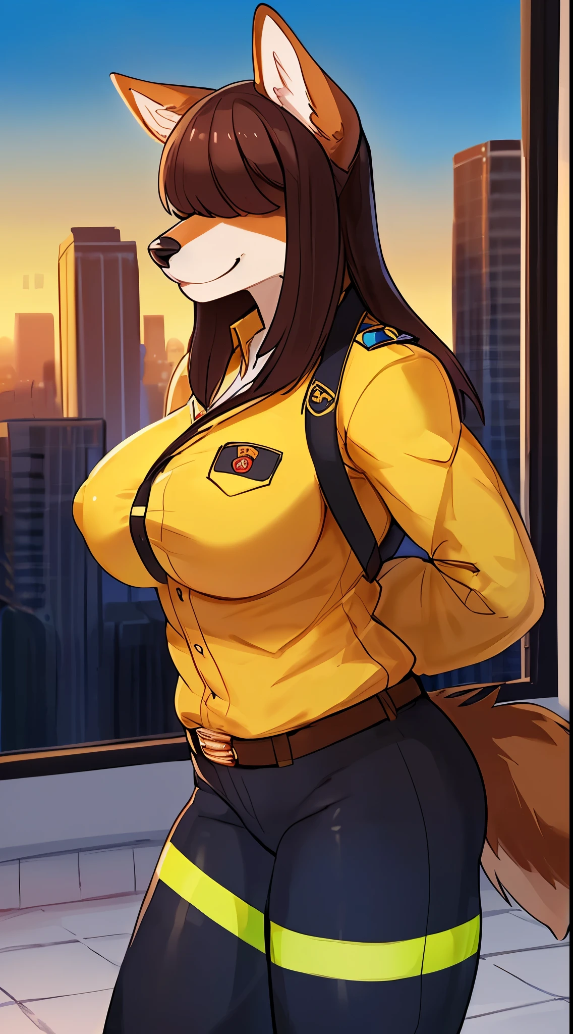 By bebebebebe, by lostgoose, by goonie-san, female, ((canine, snout, hair covering eyes, straight hair, medium hair, flat hair, ears, thin snout)), brown fur, big poofy tail, raised tail, dark maroon hair, (muscular, big breasts), solo, smiling, happy, standing, (firefighter uniform), city