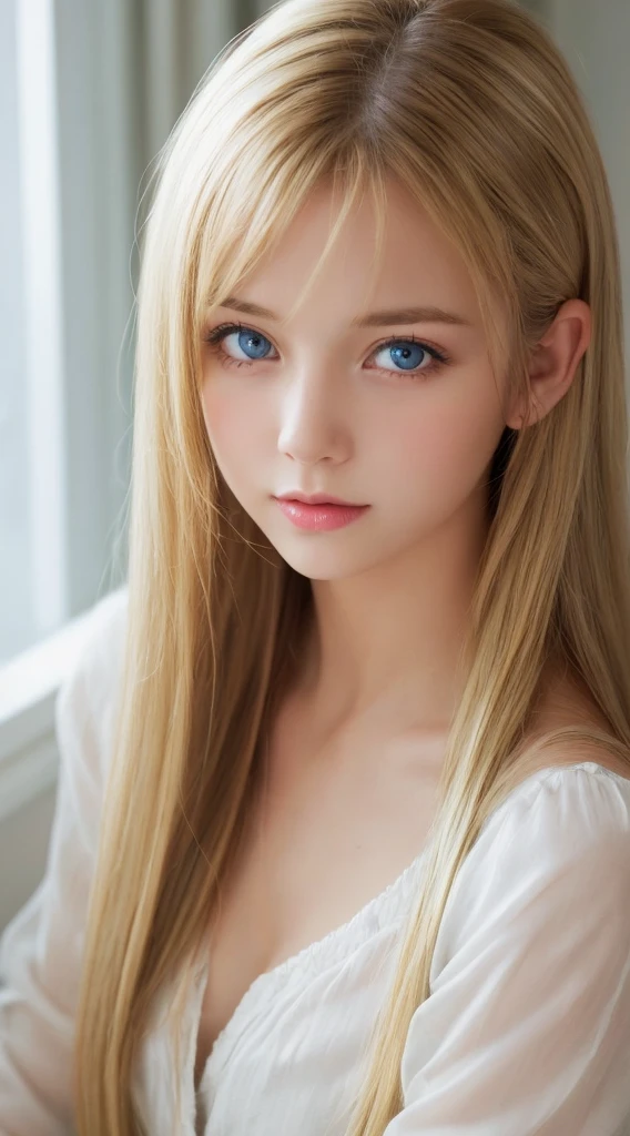 shiny, Beautiful white skin、Hair color changes with light、Bangs between eyes obstruct vision、cheek gloss highlights、Sexy and very beautiful, Nice, kawaii, gorgeous faces、The most beautiful face in the world、The most beautiful super long blonde hair in the world、Smooth straight hair、Very large bright light blue eyes, light fixtures、beautiful pony、Beautiful 15 year old Swedish blonde girl、Baby's face