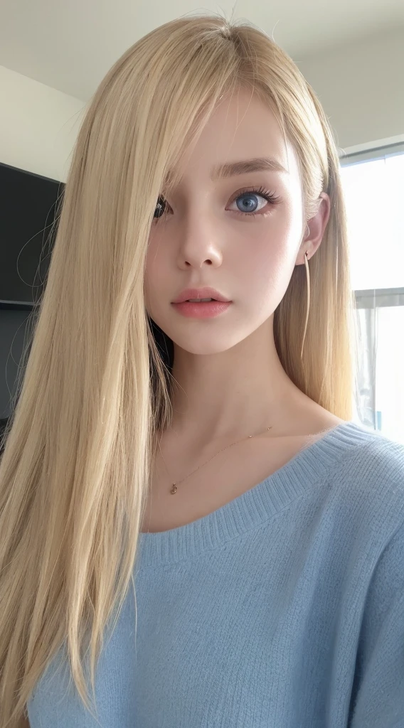 shiny, Beautiful white skin、Hair color changes with light、Bangs between eyes obstruct vision、cheek gloss highlights、Sexy and very beautiful, Nice, kawaii, gorgeous faces、The most beautiful face in the world、The most beautiful super long blonde hair in the world、Smooth straight hair、Very large bright light blue eyes, light fixtures、beautiful pony、Beautiful 15 year old Swedish blonde girl、Baby's face