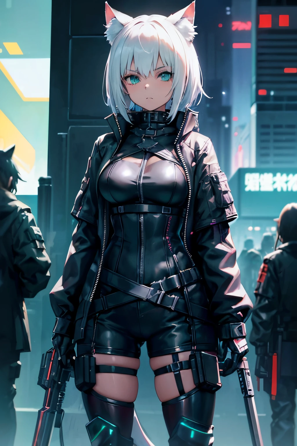 Arknights art style, arknights world,cat girl,cat ears,tail fluffy,short hair,white hair,green eyes,there is a woman with small breasts and massive hips in a corset and a black and blue outfit, with Fishnet on breasts, humble outfit, wearing techwear and armor, cyberpunk outfit, wearing japanese techwear, intriguing outfit, all black cyberpunk clothes, cyberpunk style outfit, female cyberpunk anime girl, cyberpunk streetwear, cyberpunk dress, anime girl , photograph of a techwear woman,