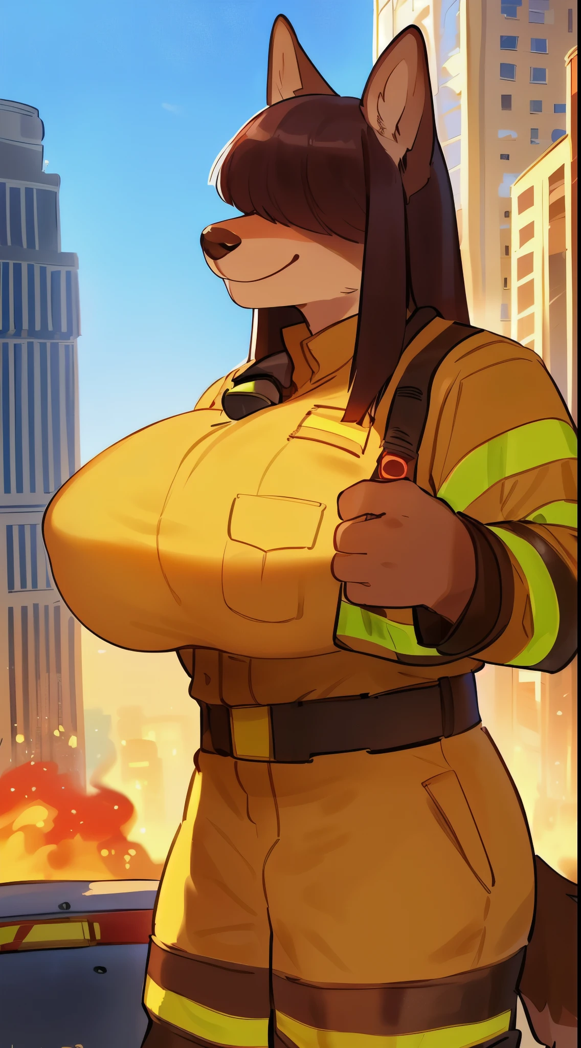 By bebebebebe, by lostgoose, by goonie-san, female, ((canine, snout, hair covering eyes, straight hair, medium hair, flat hair, ears, thin snout)), brown fur, big poofy tail, raised tail, dark maroon hair, (muscular, big breasts), solo, smiling, happy, standing, (firefighter uniform), city