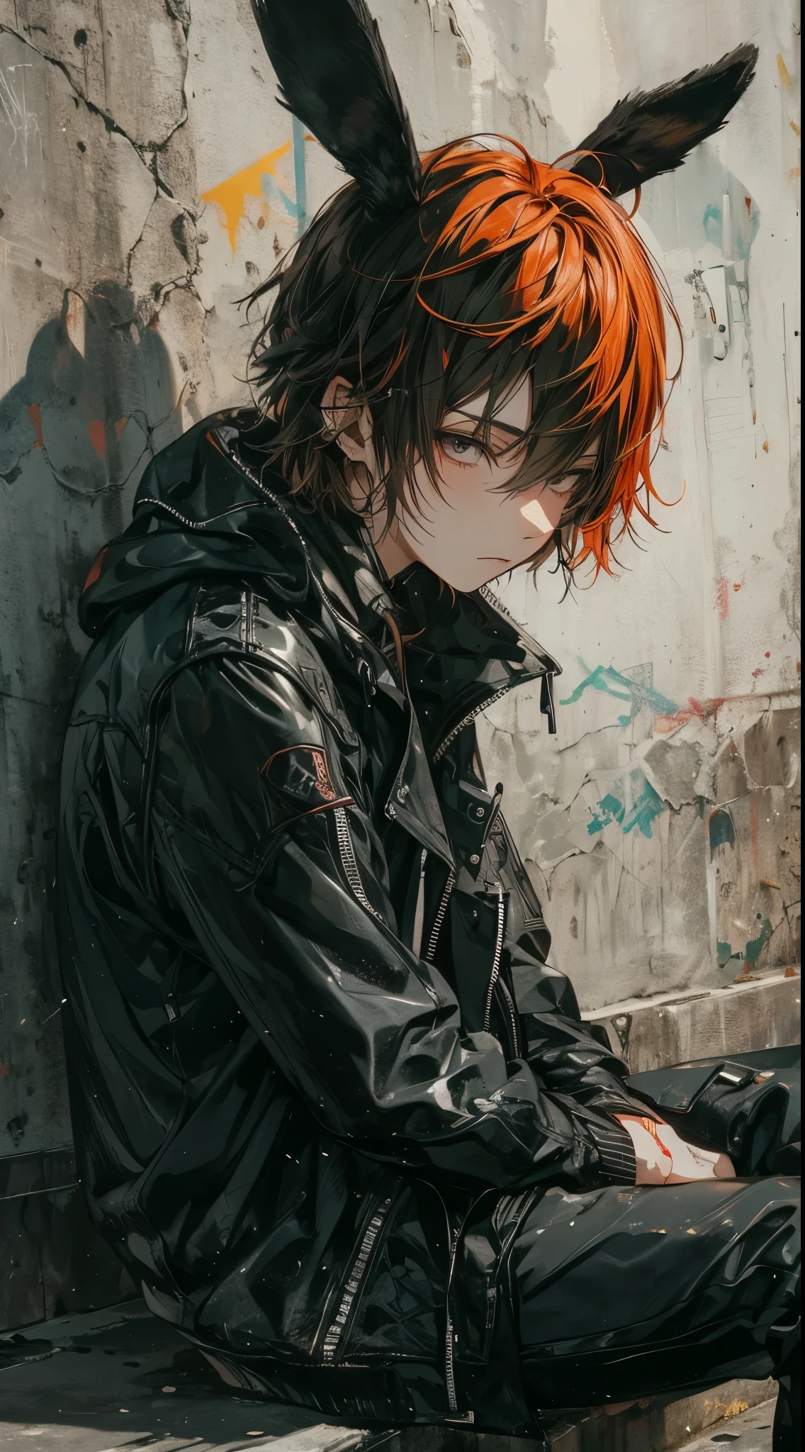 close-up on male, beautiful young man, red shoulder length hair, black leather jacket, gray eyes, black rabbit ears, unfaithful expression, sitting with cheekbones, concrete wall, sitting on concrete steps, dynamic lighting,high quality, amount of drawing, pixiv illustration