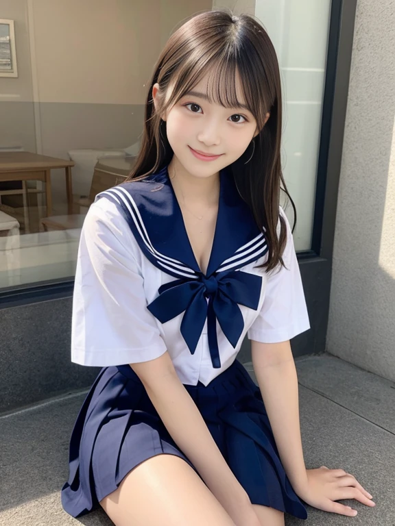 japanes、girl with、1人、sixteen years old、A dark-haired、length hair、poneyTail、high-school uniform、a sailor suit、やぶけた白いa sailor suit、Underwear on bare chest(Ren Hao)is visible、shortsleeves、cleavage of the breast、Dark blue mini skirt、thighs thighs thighs thighs、knee sox、tiny chest、Gentle smile、lightly dressed、Skin revealing