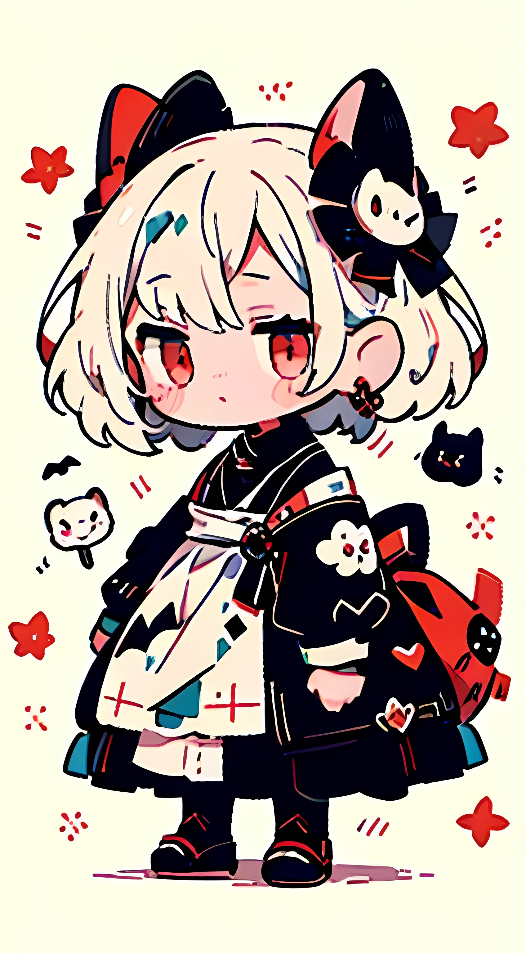 jitome,One girl、white color hair、Cute Baby bat、black clothes、red eyes、green earings, tmasterpiece、top-quality、Top image quality