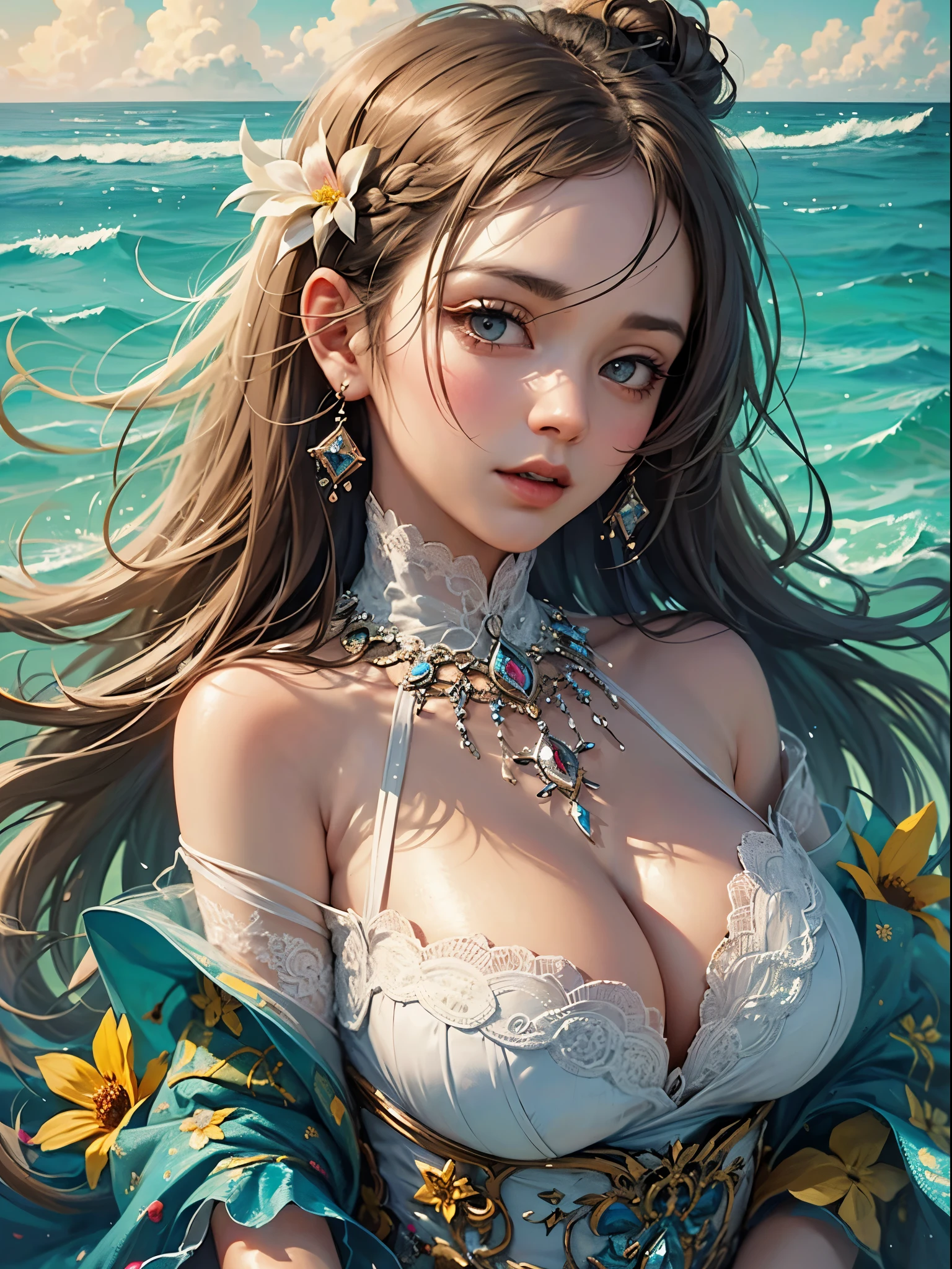 art, Unity 8k壁纸, Ultra-detailed, Beautiful and aesthetically pleasing, (s fractal art: 1.3),  flower, girls, (Hairstyles: Long hair) Ocean, Extremely detailed, Cowboy shot, The most beautiful, Seafoam, Buble, cute big breasts, ultra quality, random background, random dress, --auto --s2