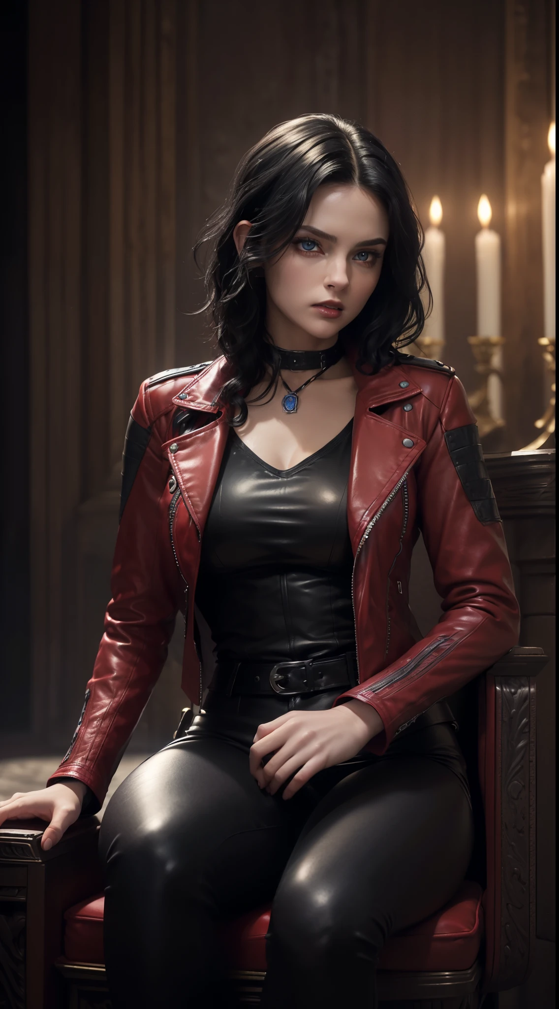 (One Person:1.6), (A Gorgeous 25 Years Old British Female Vampire Mercenary), (Wavy Short Black Hair:1.4), (Pale Skin:1.4), (Sapphire Blue Eyes), (Wearing Red Leather Jacket, Black V-Neck Inner Shirt, and Black Tight Pants:1.4), (Castle Altar at Night with Moonlight), (Sitting Elegantly on Throne Pose:1.4), Centered, (Full Body Shot:1.4), From Front Shot, Insane Details, Intricate Face Detail, Intricate Hand Details, Cinematic Shot and Lighting, Realistic and Vibrant Colors, Masterpiece, Sharp Focus, Ultra Detailed, Taken with DSLR camera, Realistic Photography, Depth of Field, Incredibly Realistic Environment and Scene, Master Composition and Cinematography