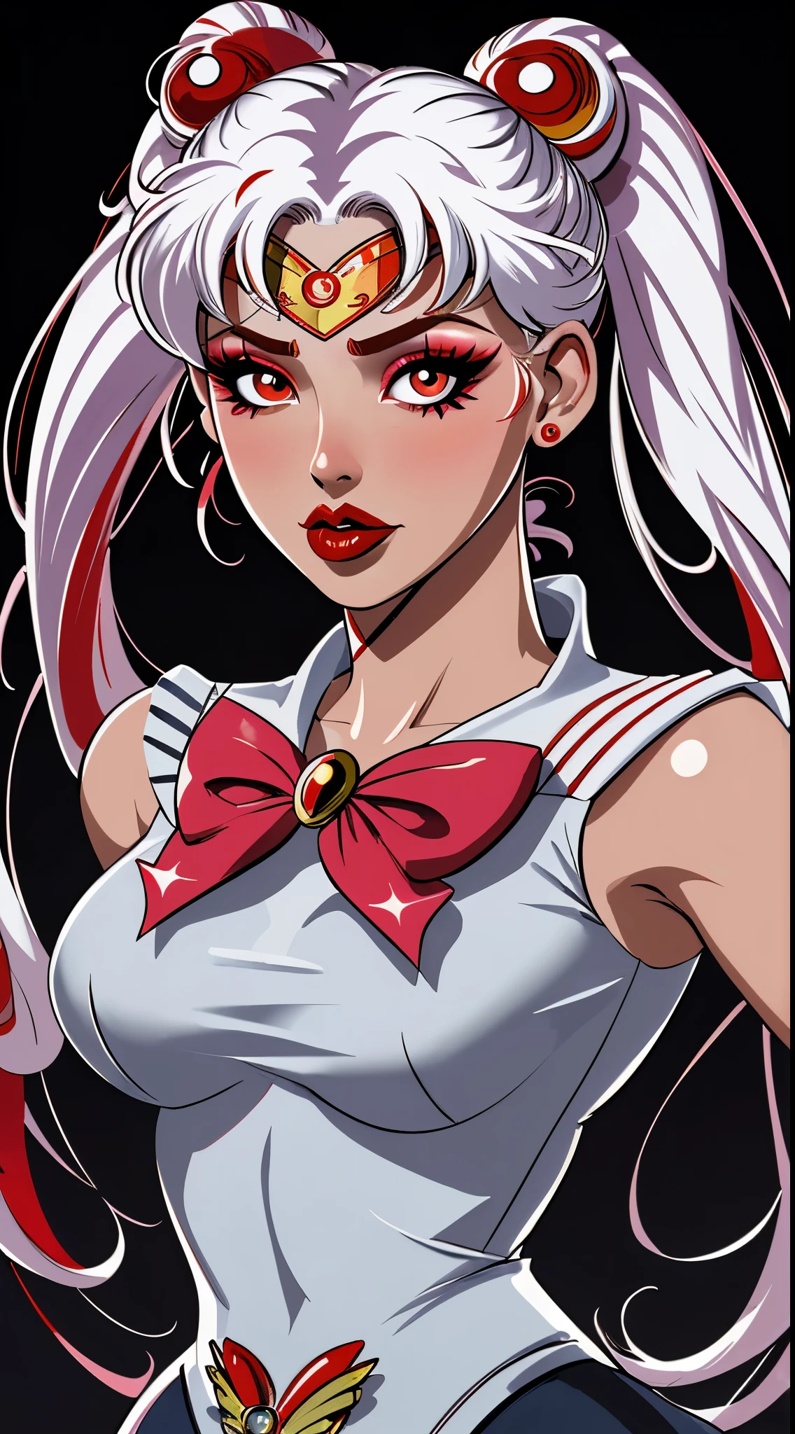 masterpiece, best quality, 1girl, gyaru, red lips, solo, white hair, multicolored hair, bangs, defiant makeup, twin tails, hair buns, tanned skin, (sailor moon), half-cycle, correct hands, proportional fingers, detailed hands, detailed face, plump lips, detailed body, curvy body, eyeshadow, hair bow, bow, lipstick, two-tone hair, black background, ultra-detailed, professional, bokeh, hentai, illustration, vivid colors, portraits, sharp focus, defiant magnificent color palette, relaxed lighting