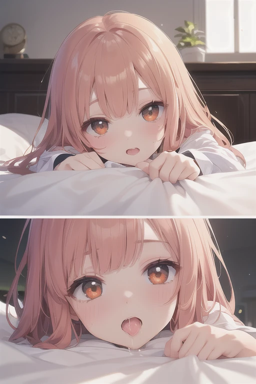 ((Best quality at best)), ((tmasterpiece)), (((((Lie down in bed,facing up))))), Carrots are placed in the middle of the front bread))), the face, Drip with saliva, Luders style detailed), 完美的the face