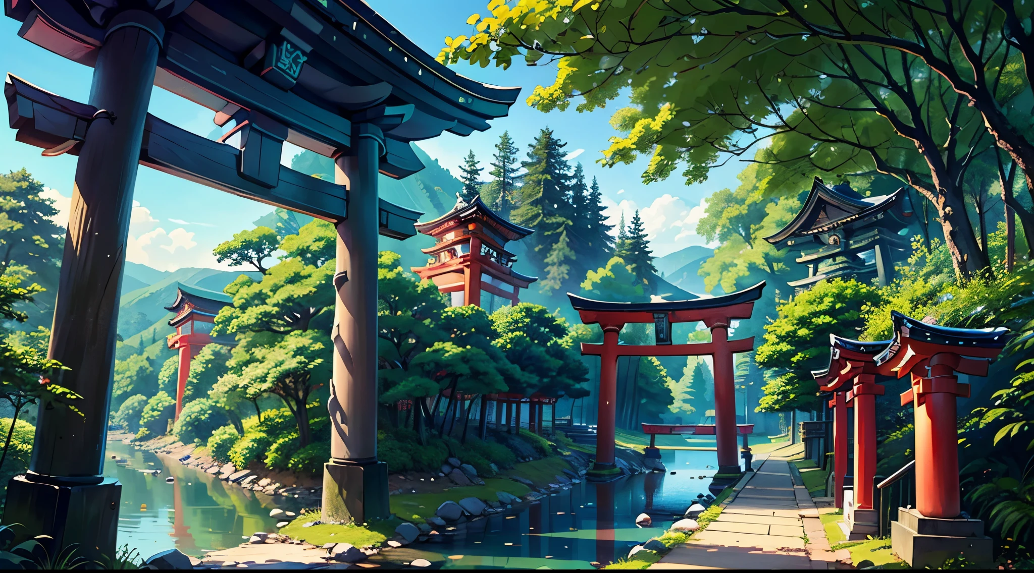 Best Quality、masutepiece、8K、Landscape painting、torii gate、(shrines、musgo:1.5)、the woods、a river