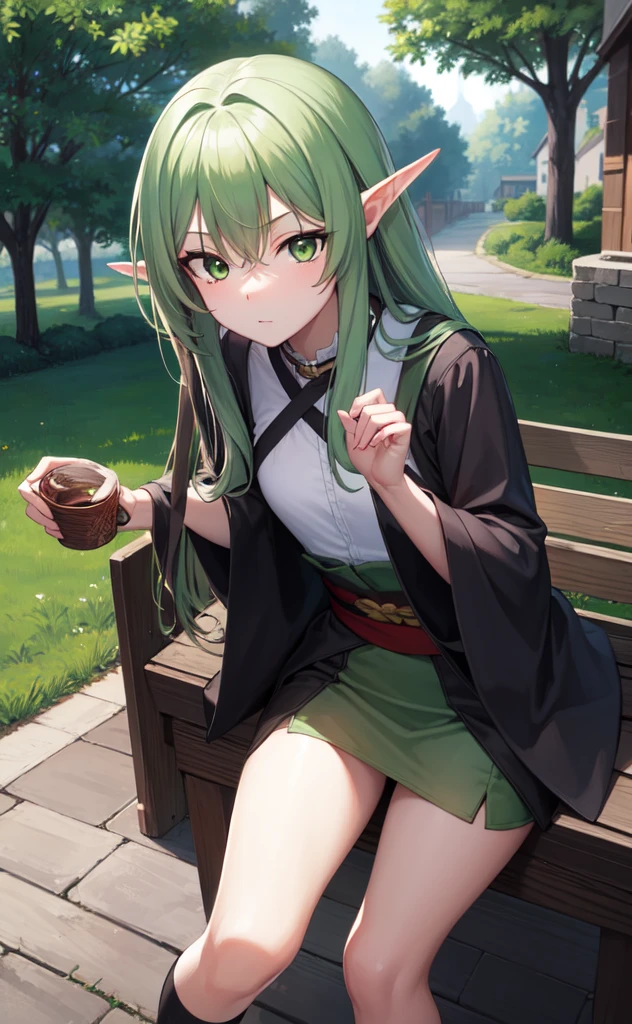 highelfarcher, high elf archer, elf, (Green eyes:1.5), Green hair, hair between eye, Long hair, pointy ear, side lock rat chest:1.2),
green kimono，a miniskirt，Black socks up to the calf，ショートブーツ
BREAK looking at viewer,
BREAK outdoors, Nature, forest,
BREAK (masutepiece:1.2), Best Quality, High resolution, Unity 8k壁纸, (Illustration:0.8), (Beautiful detailed eyes:1.6), extra detailed face, Perfect Lighting, extremely details CG, (Perfect hands, Perfect Anatomy),medieval europe streets