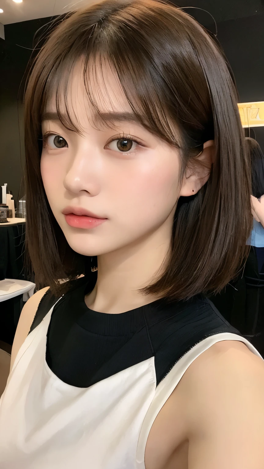 (top-quality、16K resolution)1人、独奏、natural soft light、small tits、A Japanese Lady、Looking at the camera、wearing black sweater、(Beauty Salon Background)、Facing the front、is standing、bobhair、Woman in her late teeight bangs、(short-hair)、Salon model、Natural look、portlate、floated hair、Straight hair、Brown hair