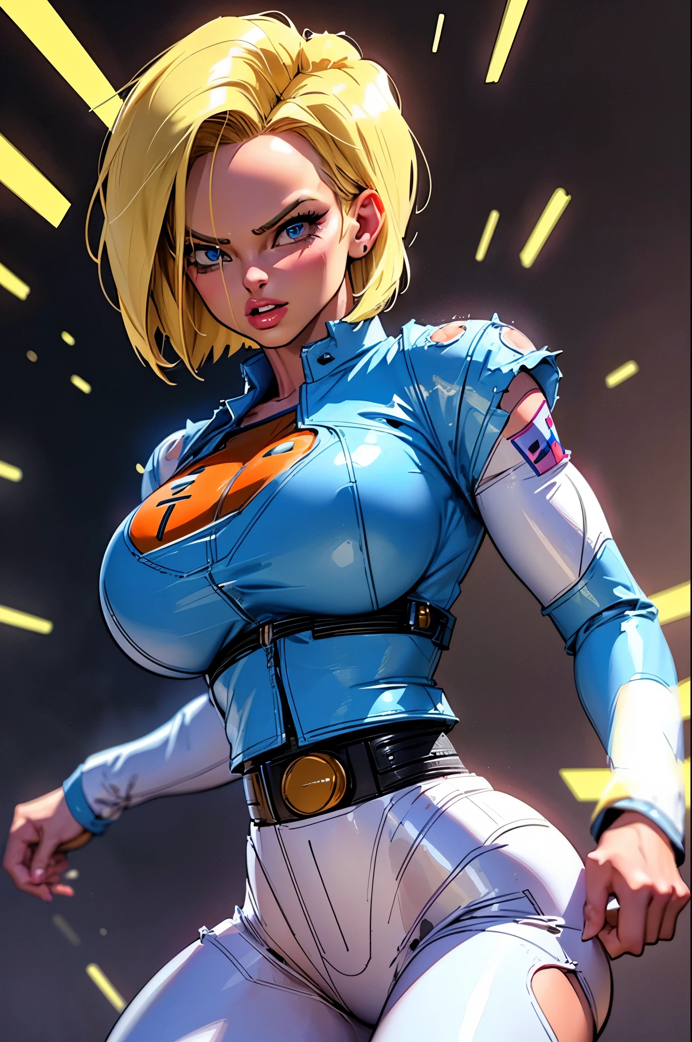 (((1 girl,  cute, ((android 18)), gigantic breasts:1.2), denim jacket, black top, blond, short hair, bob hair,  side parted hair, blue eyelond hair))), 
dynamic poses, realistic style, depicting android 18 in various action scenes, from intense battles to lighthearted moments, with dramatic speed lines , capturing the excitement and energy of the story, Attack forward with palm