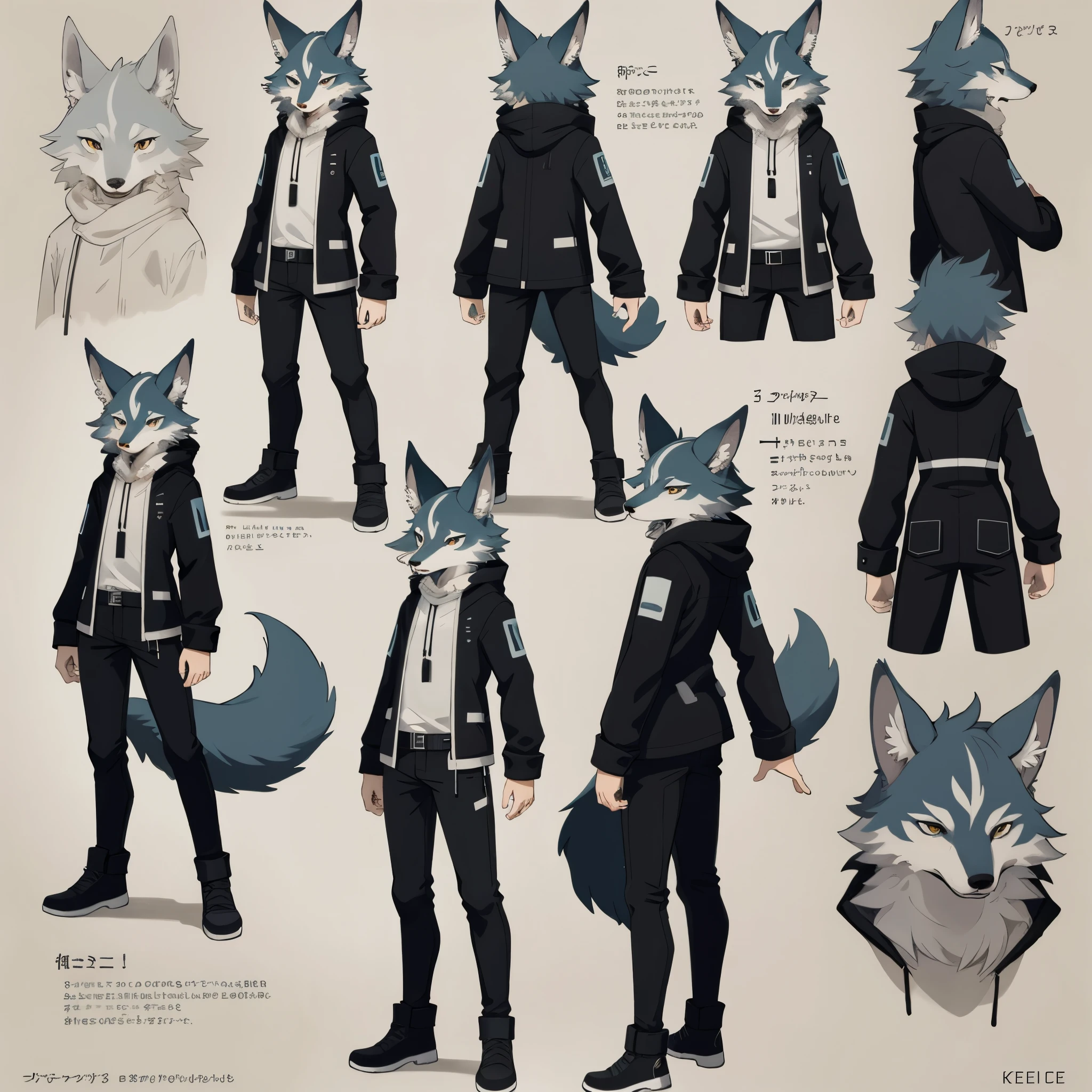highres, top quality, best quality, paid reward available, High-quality illustrations, unparalleled masterpiece, perfect artwork, absurdres, perfect anatomy, standing kemono boy, three view drawing, front and side and back, character sheet, character design wolf, assorted facial expression, fully posable, neutral pose, extra detailed body, 5fingers, thinking pose, cool pose(highly detailed figure)complete detailed body, anime character, Detailed description of character, text, Collection of setting materials,