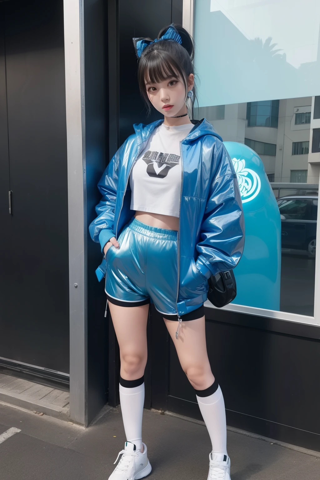 cool female idol、full body Esbian、、、angry、Metal bat、、silver tight shorts、fluorescent blue jacket