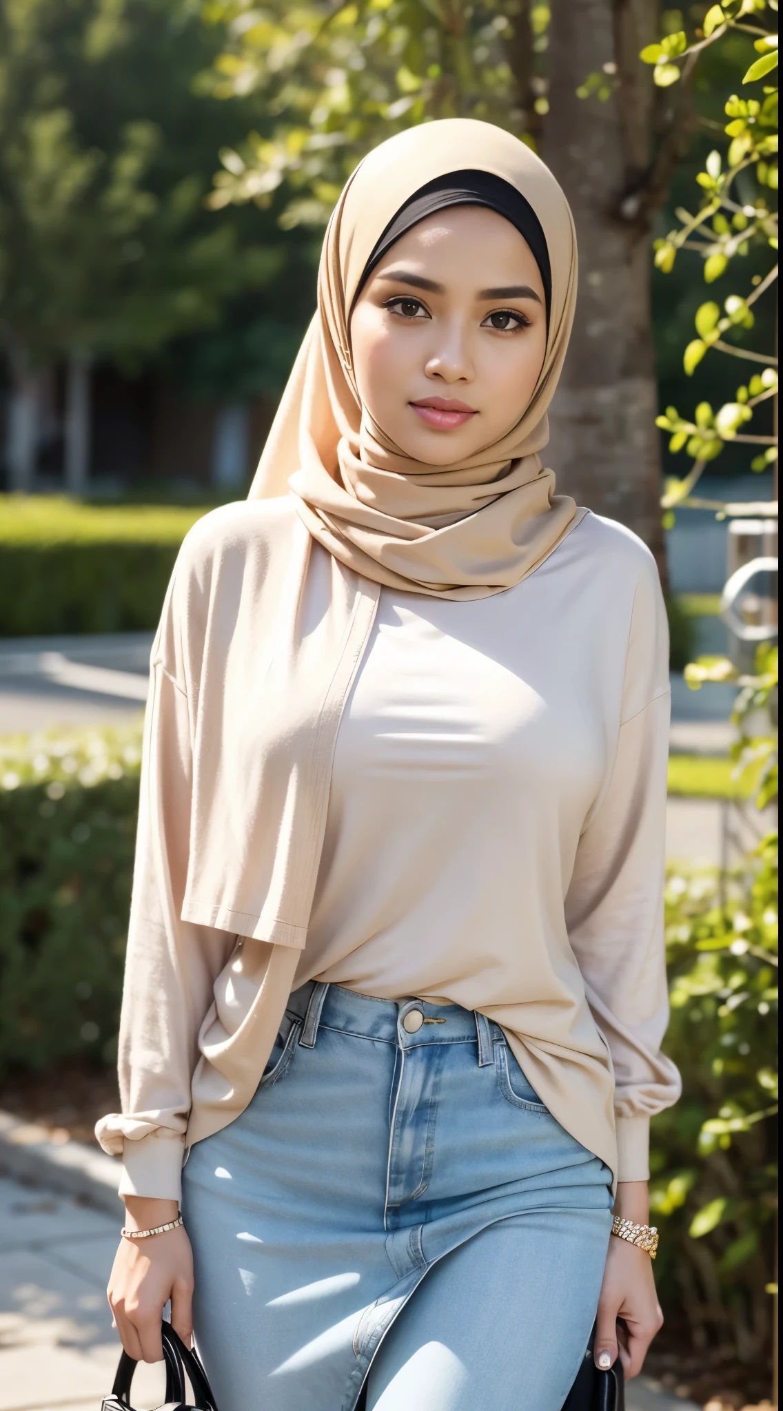 RAW, Best quality, high resolution, Masterpiece: 1.3), Beautiful Malay woman in hijab, Masterpiece, Perfect body, Beautiful big eyes, watery eyes, Soft smile, wet lips, big breast, woman standing on a crosswalk with a purse and a handbag, wearing a designer top, casual clothing style, wearing elegant casual clothes, wearing a blouse, casual modern clothing, with lovely look, multilayered outfit, modern casual clothing, smart casual, casually dressed, wearing casual clothing,blurred background, bokeh, afternoon walk, garden plant, Excellent lighting, Bright colors, Clean lines