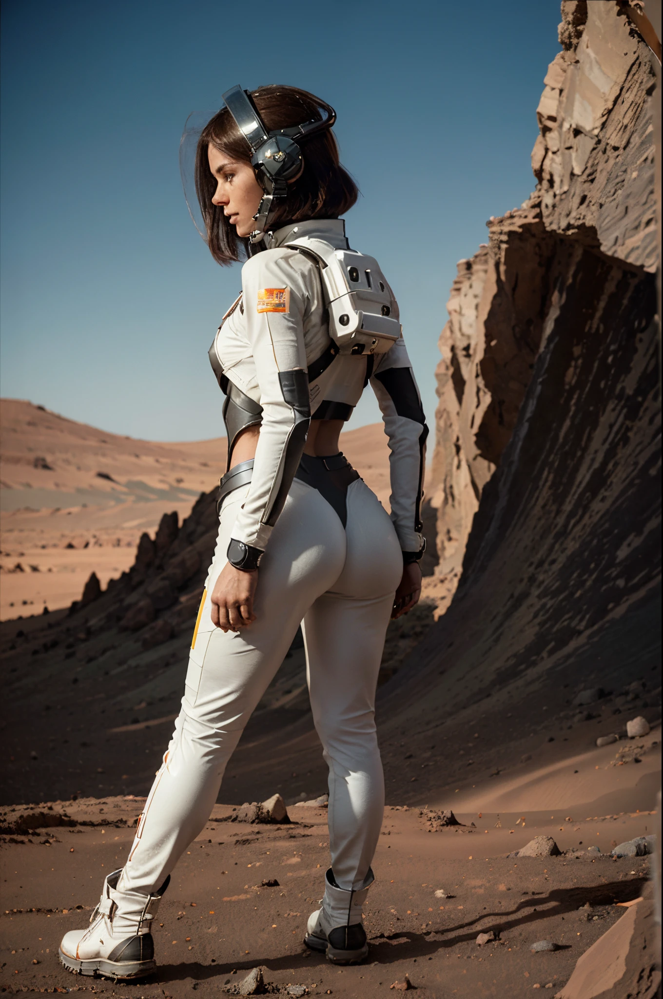A futuristic rear angle (sci-fi) photo of a (fit woman futuristic astronaut), standing on rock overlooking Martian valley on Marack towards viewer, looking ahead, important, wearing skintight white sci-fi spacesuit and boots, full body, fit body, fit ass, complete body, narrow hips, rusty red Martian terrain, mars dust scattered floating in air, (mountain:0.8), (lens flare:0.7), (cross-processing), (highly detailed), (cinematic lighting:1.1), sharp shadows, intricately detailed, photographed on a Hasselblad 500, 80mm F2.8 lens, with Cinestill 800T film, cinematic contrast, outdoors, ((on Mars)), space exploration, journey, NASA-punk, from behind, sfw, NASA helmet with dark screen covering her face, reflecting stars in space