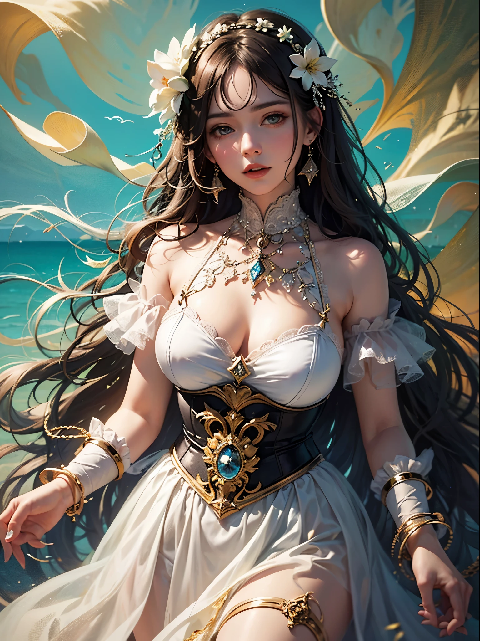 art, Unity 8k壁纸, Ultra-detailed, Beautiful and aesthetically pleasing, (s fractal art: 1.3), flower, girls, (Hairstyles: Long hair) Ocean, Extremely detailed, Cowboy shot, The most beautiful, Seafoam, Buble, cute big breasts, ultra quality, random background, random dress, --auto --s2