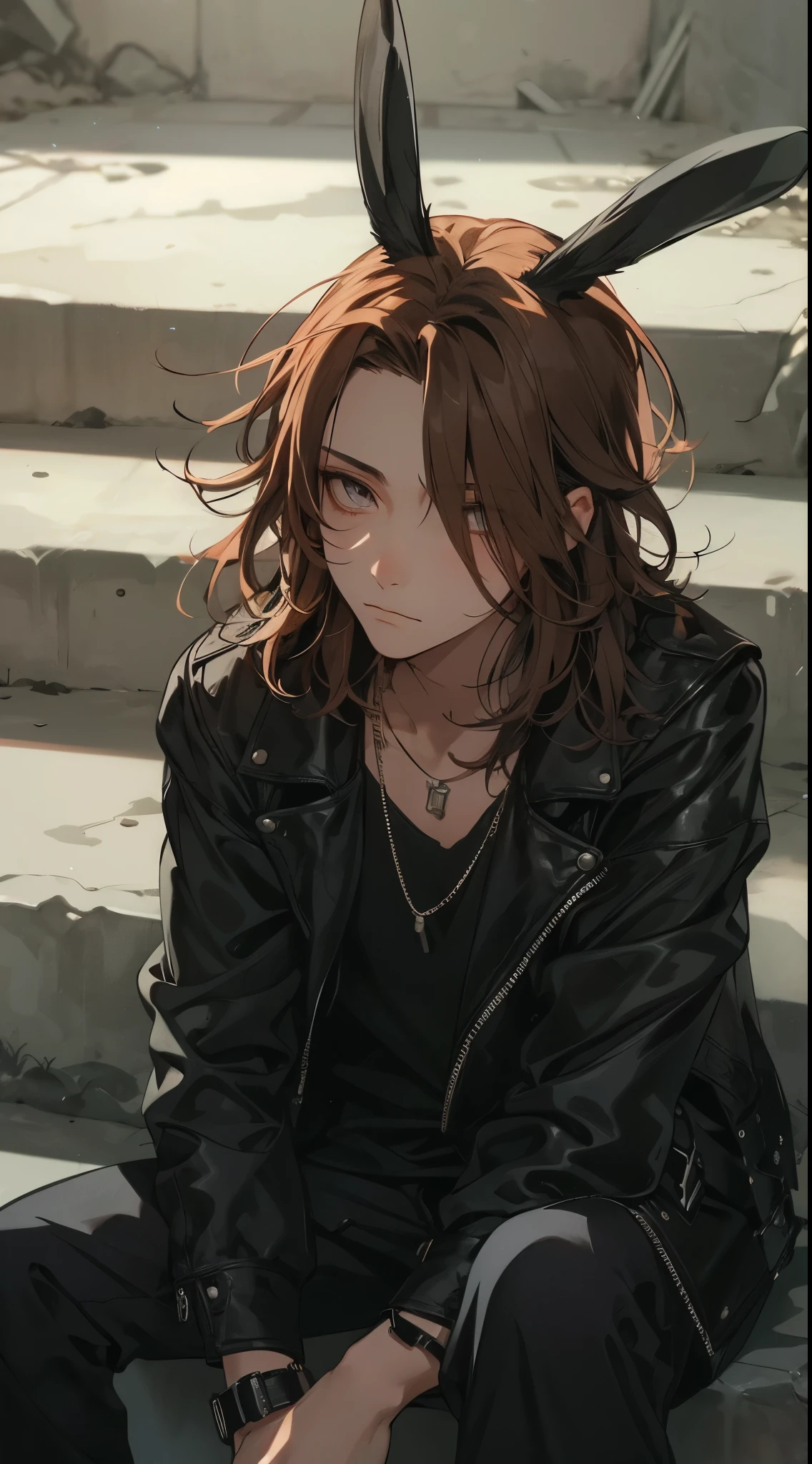 close-up on male, beautiful young man, red shoulder length hair, black leather jacket, gray eyes, black rabbit ears, unfaithful expression, sitting with cheekbones, concrete wall, sitting on concrete steps, dynamic lighting,high quality, amount of drawing, pixiv illustration