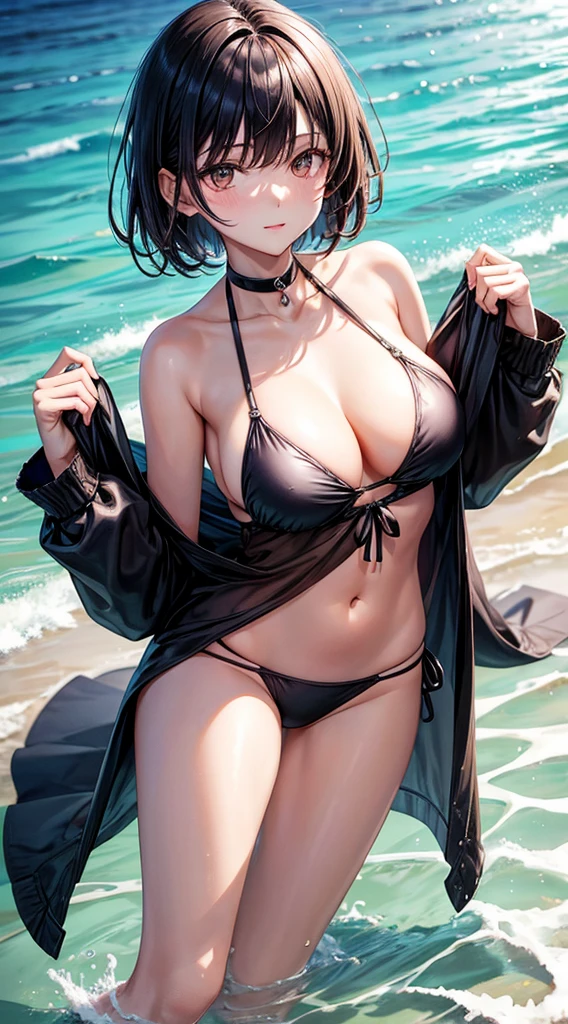 reallistic,A dark-haired,Shorthair,big sister,A slender,Mare,夏天,sand beach,swim wears,Look in here