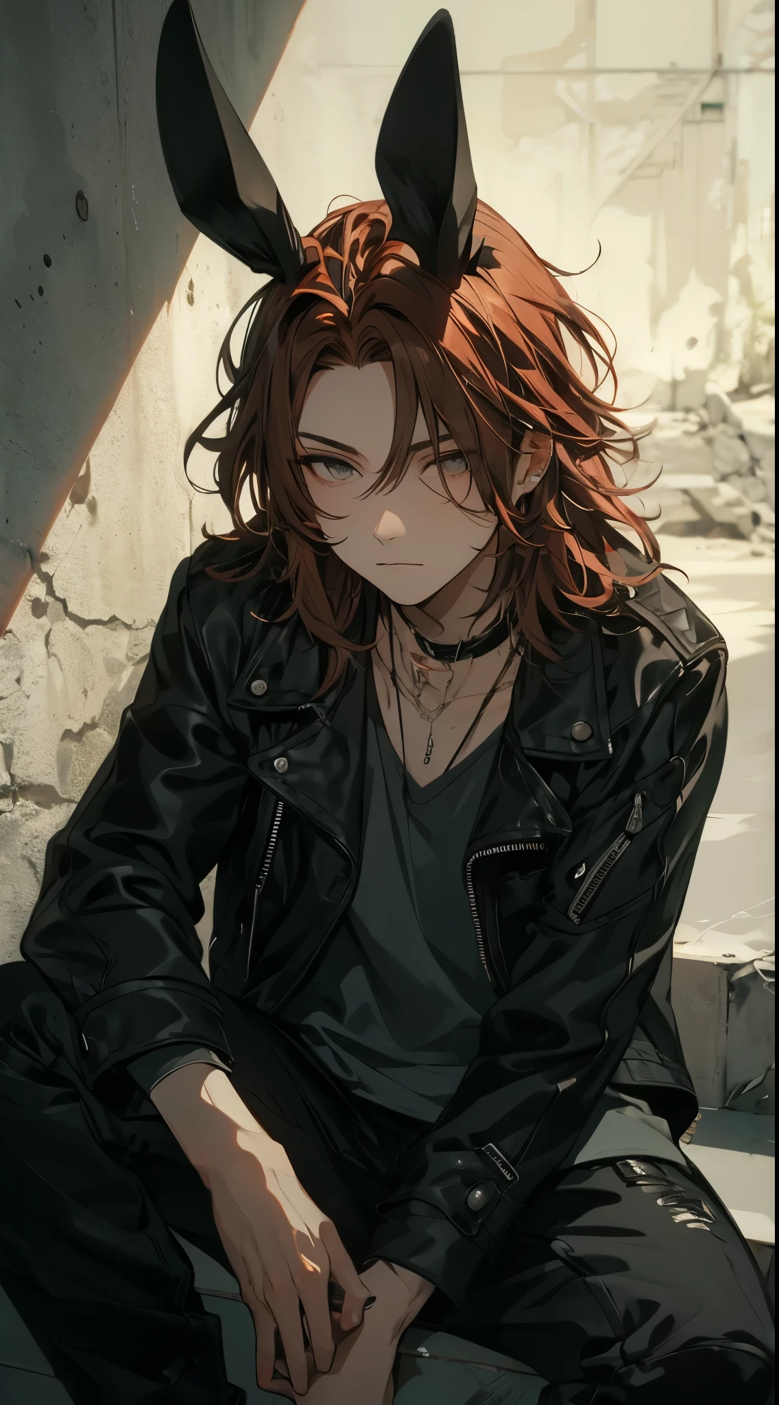 close-up on male, beautiful young man, red shoulder length hair, black leather jacket, gray eyes, black rabbit ears, unfaithful expression, sitting with cheekbones, concrete wall, sitting on concrete steps, dynamic lighting,high quality, amount of drawing, pixiv illustration