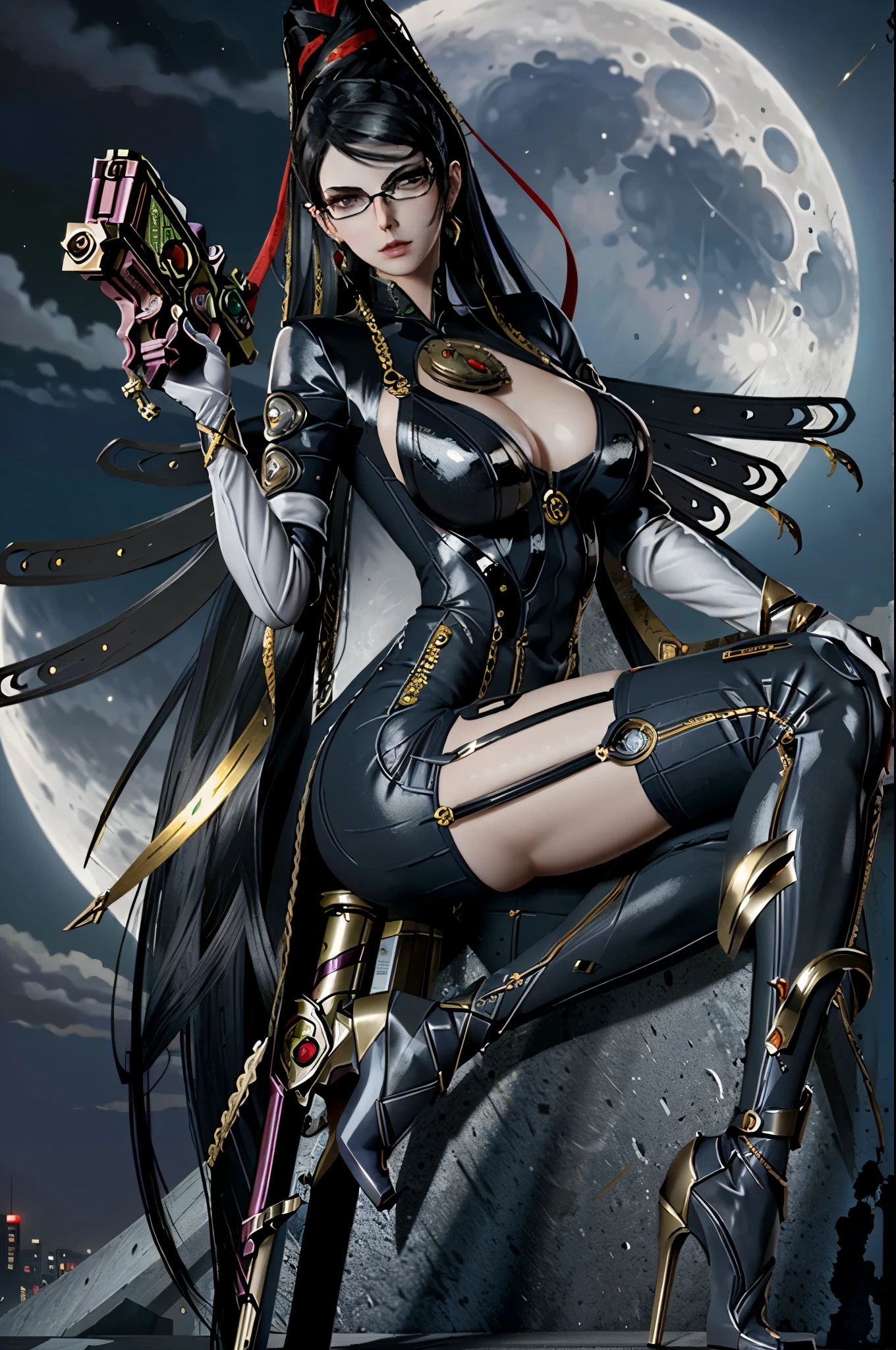 (masterpiece, best quality)
Bayonetta, 1girl, solo, long hair, breasts, large breasts, gloves, ribbon, jewelry, sitting, very long hair, weapon, earrings, black hair, glasses, elbow gloves, high heels, gun, clothing cutout, bodysuit, makeup, night, moon, cleavage cutout