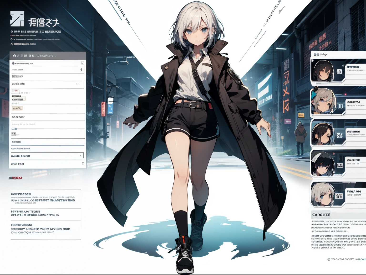 loli,White hair, Medium Hair,Tsurime,Blue eyes,Black coat, White collared shirt,Black Color Vest, Black shorts, Standing, bare-legged, Solo, full body Esbian, transparent diagram,Anime, Anime style, Character Chart, masutepiece, Best Quality, hight resolution, high details, Anatomically correct, ccurate, nffsw,sharp outline