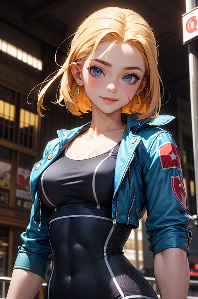 cammy 6 ,1girl , solo , tank top , yoga pant, abs, short hair , blonde hair , open jacket ,blue eyes , outdoor , standing , smile , happy , upper body , scar on cheeks ,gloves,