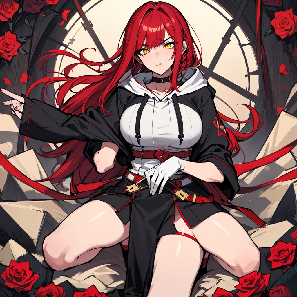 (absurdres, 8k, 4k, masterpiece, hyper extreme detailed:1.2), solo, ((red hair)), 1girl, front view, perfect face, 1girl, ((red long hair)), ((hoodie)), ((straight cut hair bangs)), portrait, queen, bloody, ((very long hair)), (full body), elegant dress, gloves, dominant, roses, expressive eyes, solo, perfect anatomy, evil eyes, female, medium boobs, black gothic clothes, long red hair, braided hair, serious, not similing, yellow eyes, female, covered breasts,