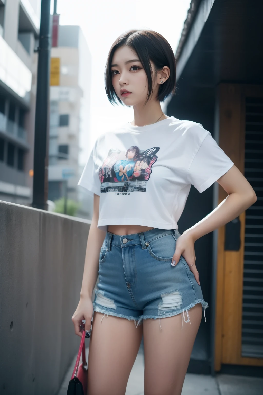 cool female idol、full body Esbian、、、angry、Metal bat、、silver tight shorts、fluorescent blue shirt、colorful short hair