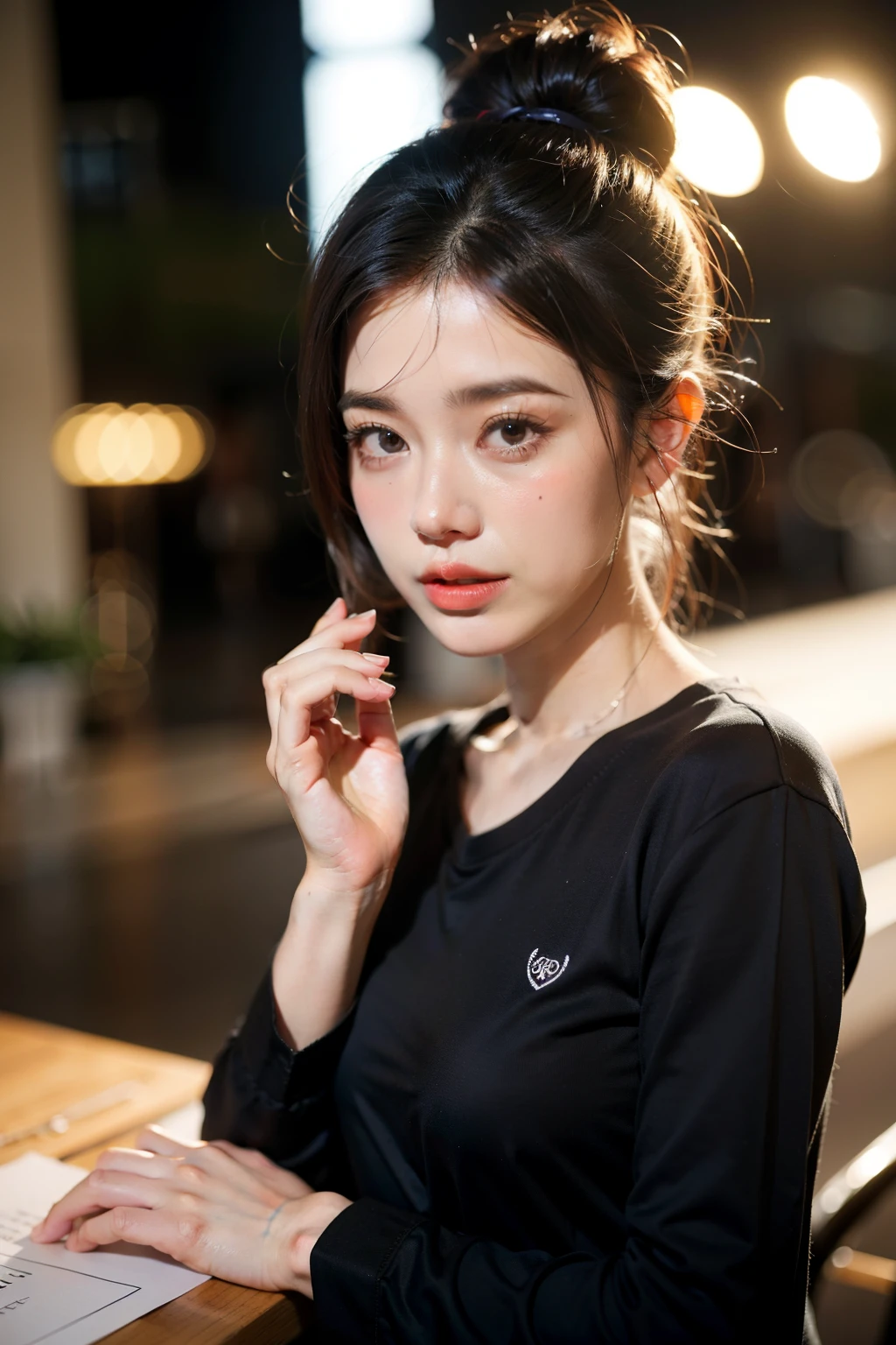 ((Best quality at best)), ((tmasterpiece)), (Detailed pubic hair), Background in clothing store，Female upper body，Naturally shy face，Black long sleeve work uniform，Hair tied up，中景 the scene iackground bokeh