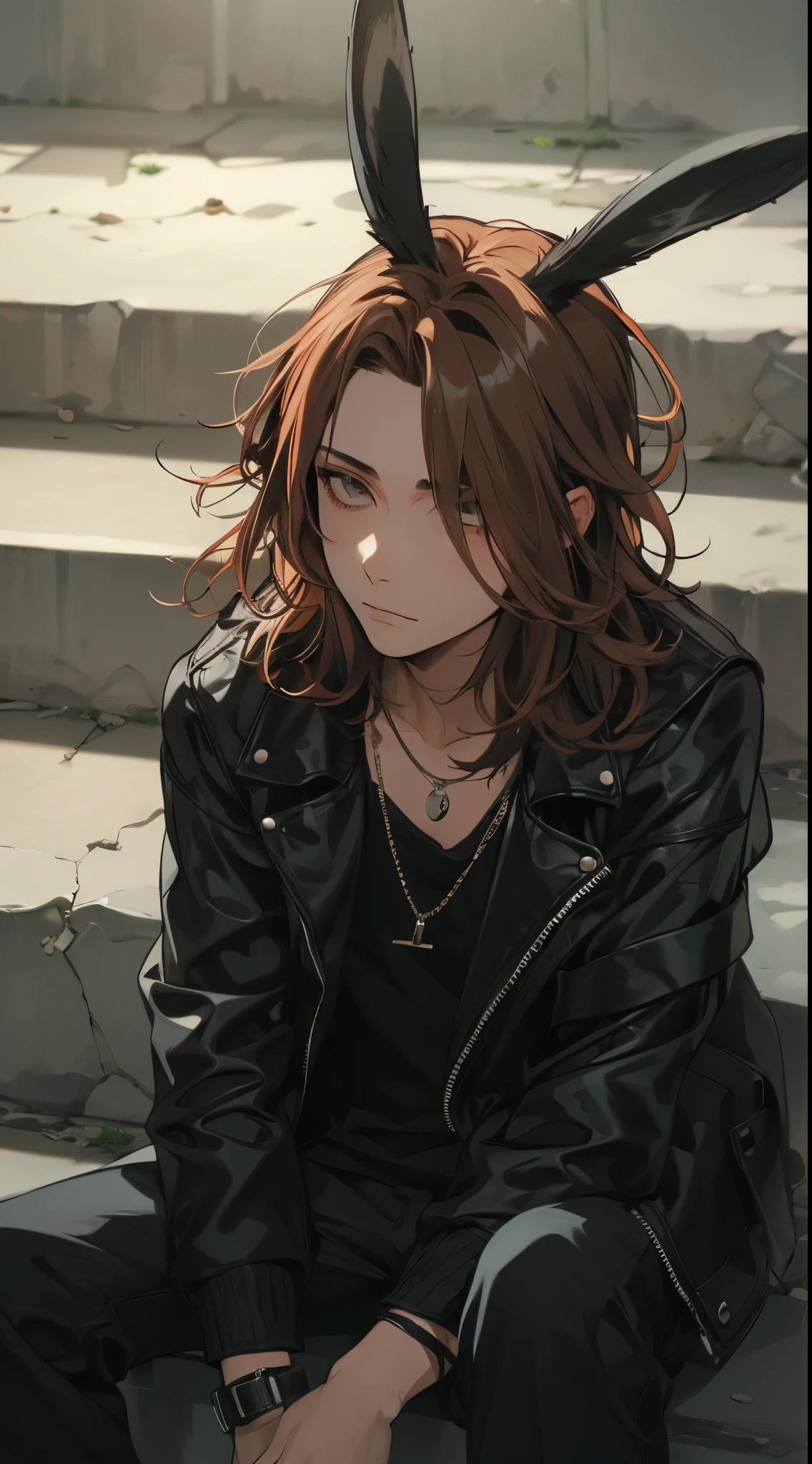 close-up on male, beautiful young man, red shoulder length hair, black leather jacket, gray eyes, black rabbit ears, unfaithful expression, sitting with cheekbones, concrete wall, sitting on concrete steps, dynamic lighting,high quality, amount of drawing, pixiv illustration