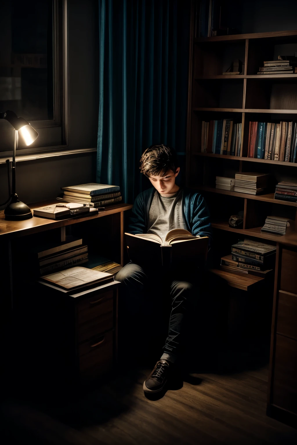 young bibliomaniac with short dark hair in his room, sitting and reading with his back to his desk full of messy books while reading in the dark, a somewhat depressing environment with anatomy and science stuff.