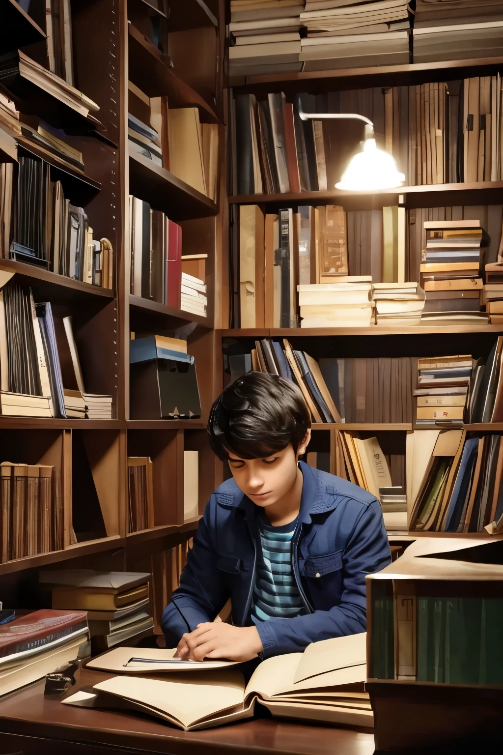 young bibliomaniac with short dark hair in his room, sitting and reading with his back to his desk full of messy books while reading in the dark, a somewhat depressing environment with anatomy and science stuff.
