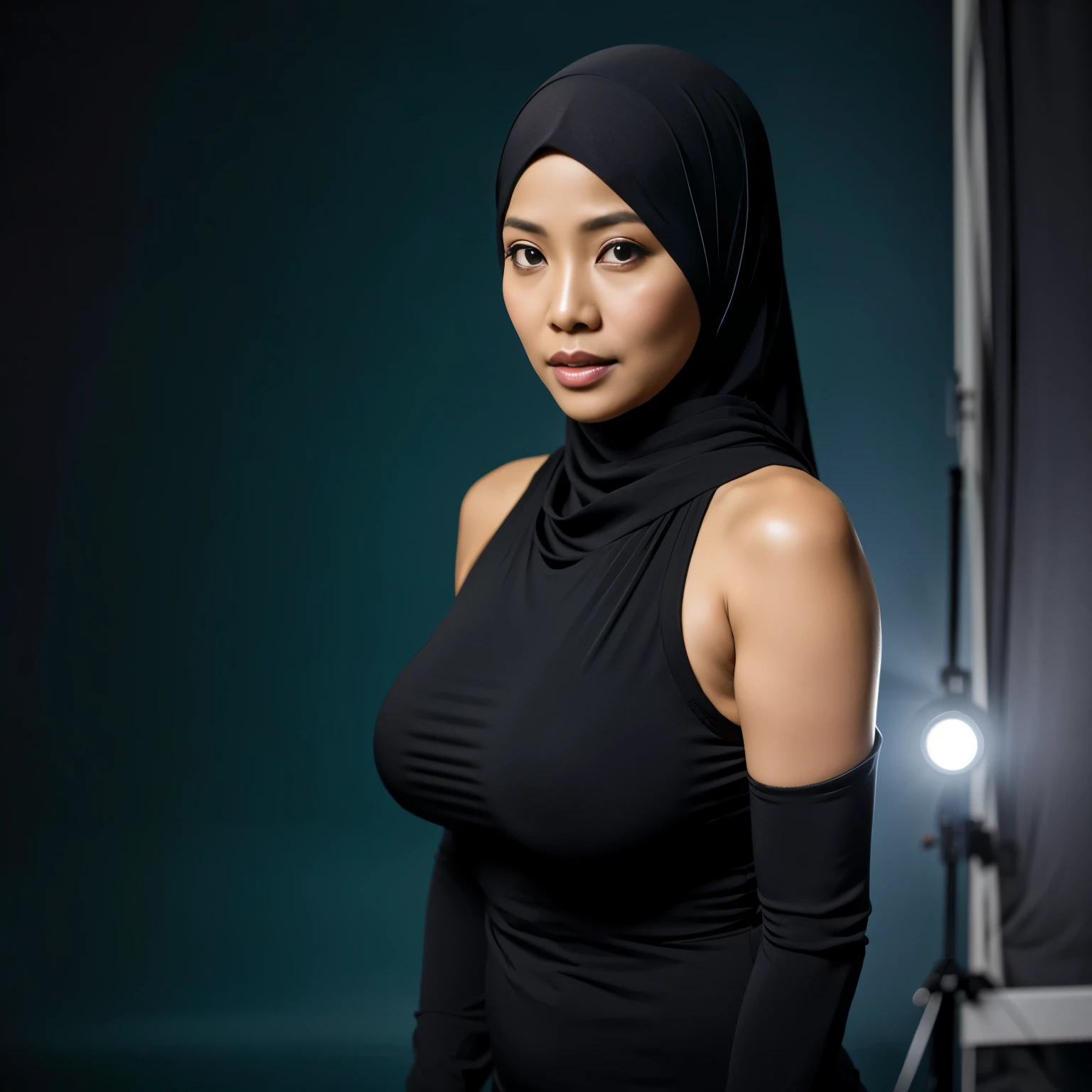 52 years Old, Hijab Indonesian mature woman, Large Tits : 96.9, Tight Long-Sleeves Tank Top, Slim body, Breast about To burst out, at Studio Photo, Dark light, at NightTime