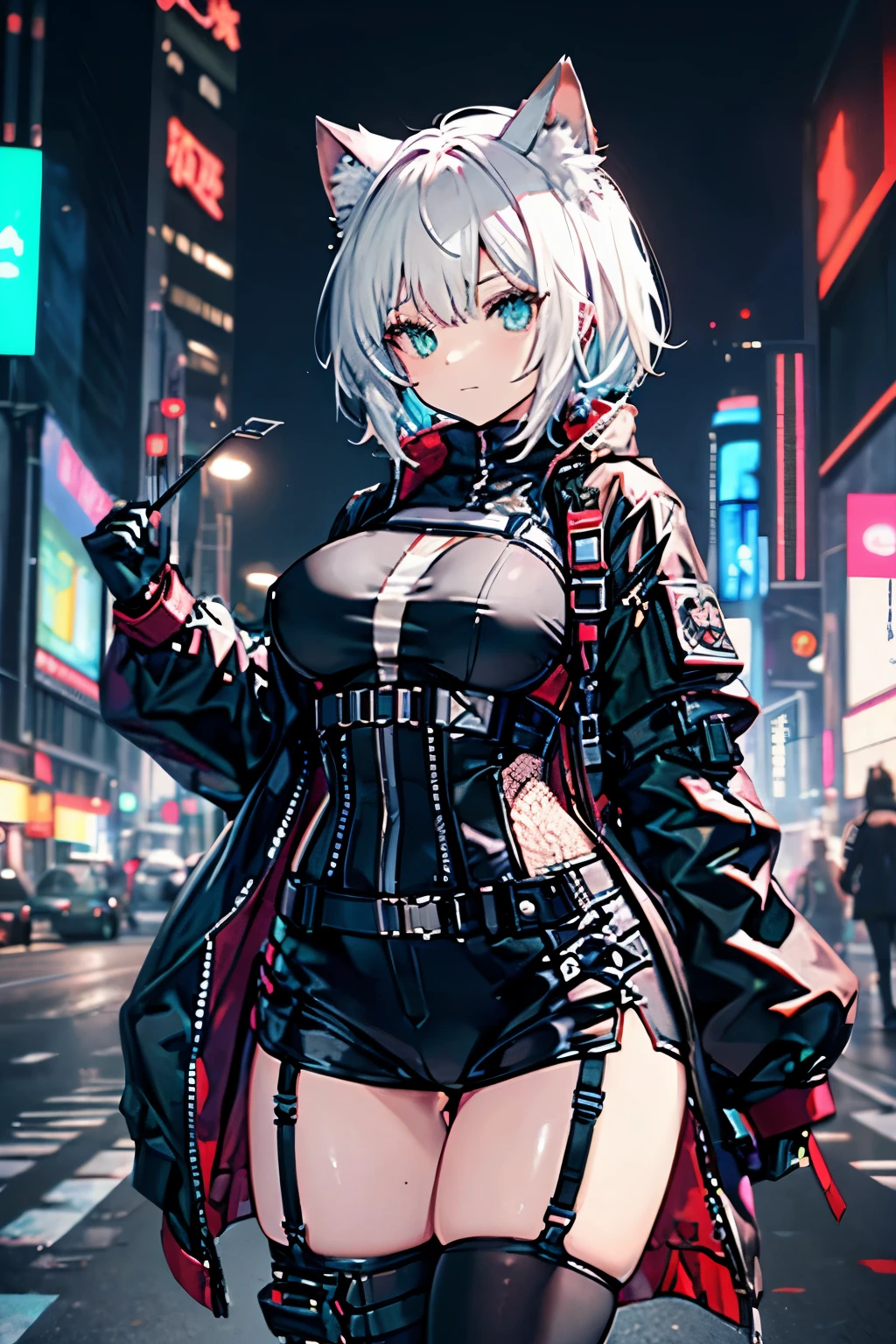 Arknights art style, arknights world,cat girl,cat ears,fluffy white tail,short hair,white hair,green eyes,there is a woman with small breasts and massive hips in a corset and a black and blue outfit, with Fishnet on breasts, humble outfit, wearing techwear and armor, cyberpunk outfit, wearing japanese techwear, intriguing outfit, all black cyberpunk clothes, cyberpunk style outfit, female cyberpunk anime girl, cyberpunk streetwear, cyberpunk dress, anime girl , photograph of a techwear woman,
