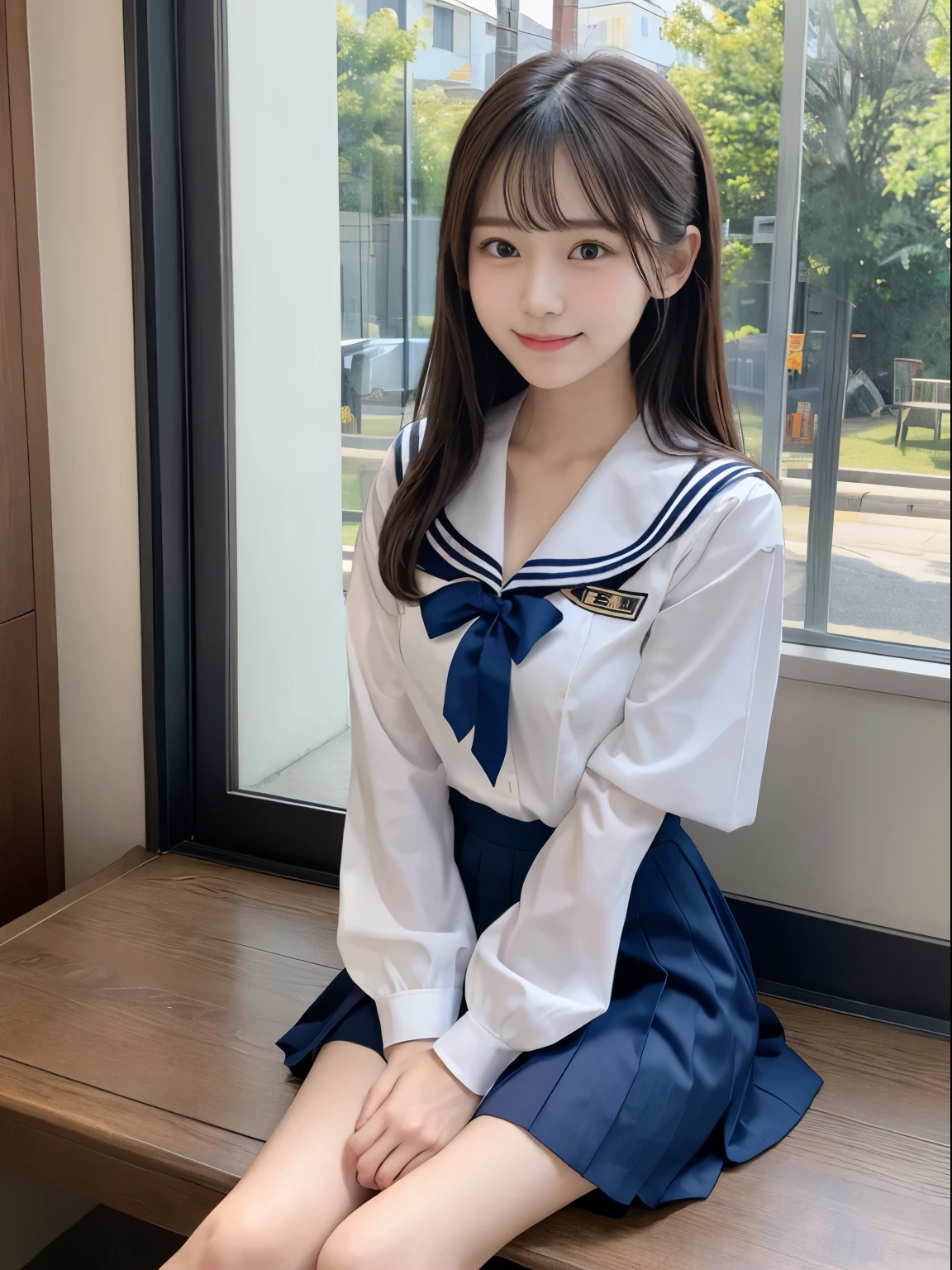 japanes、girl with、1人、sixteen years old、A dark-haired、length hair、poneyTail、high-school uniform、a sailor suit、やぶけた白いa sailor suit、Underwear on bare chest（Ren Hao）is visible、shortsleeves、cleavage of the breast、Dark blue mini skirt、thighs thighs thighs thighs、knee sox、tiny chest、Gentle smile、lightly dressed、Skin revealing
