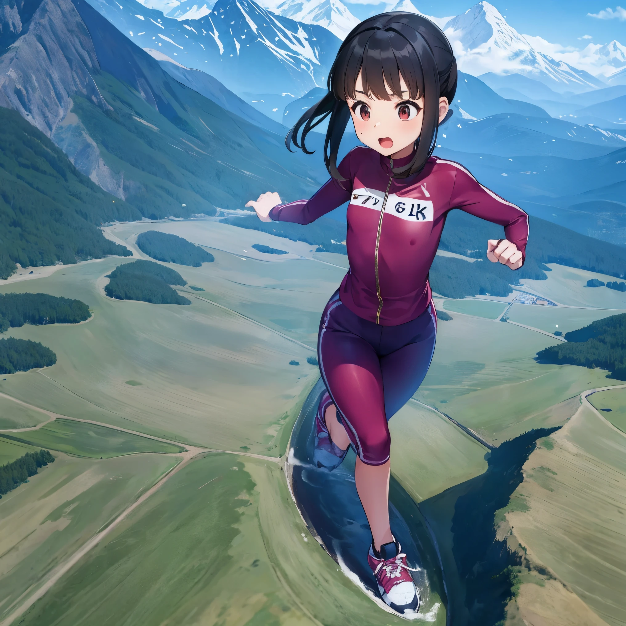 1girl,cute, teenager,running clothes, GTSGiga, mountains,running, full view, size difference, tiny humans around, taller than mountains, one person