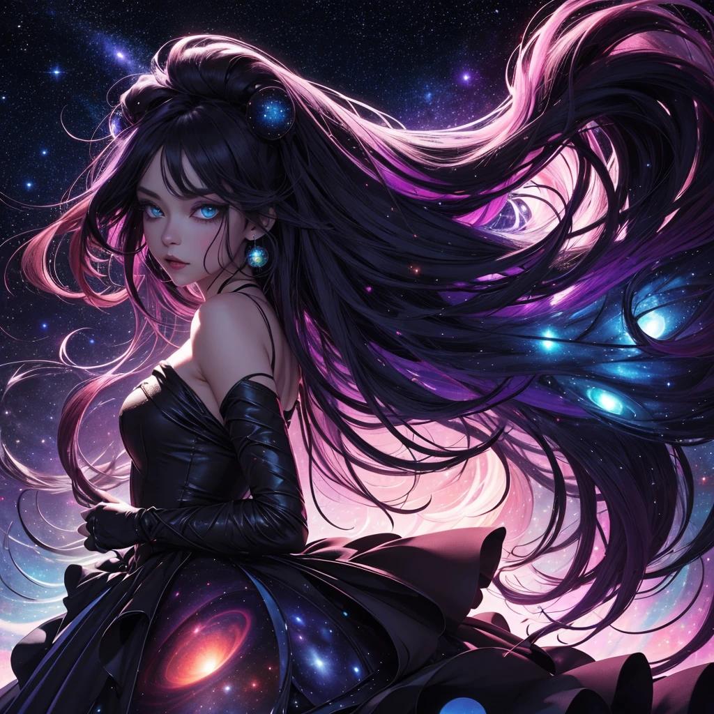 portrait woman at night carnival, short_neck dark_colors galactic | perfect_proportions high gothic | comicbook | 3D_animated | dreamy | perfect_portrait whimsical | vibrant night galaxy sky stars colorful | color_graded depth_of_field magical_realism heavyset neon_colors galactic_space carnival_theme anime_realism 3d_depth_anime bright_glowing_colors dynamic_pose cinematic | storybook | flowing_hair | alternative_fashion puffy_dress | glossed chatoyant | high_contrast | dark_shadows hyperdetailed | mystical | backlit | whimiscal | perfect_face perfect_limbs radiant colorful perfect_eyes real_textures intricate