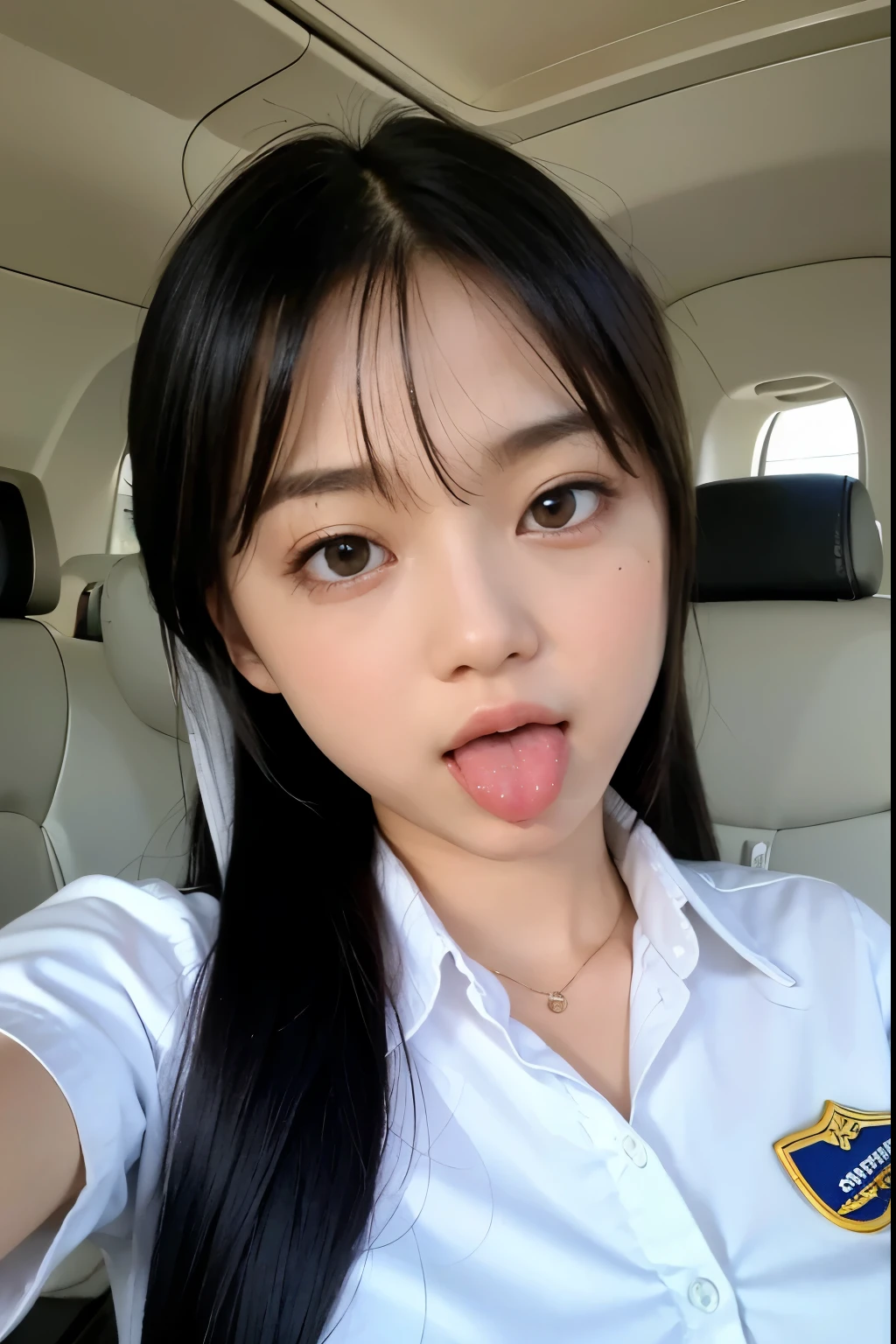 top-quality, masutepiece, 8K, Ultra high definition, (Photorealistic: 1.4), 1 girl, 美丽的面容, symmetry eyes, Big, Perfect body proportions, Stewardess uniform, The gaze of the beholder, (Inside the aircraft: 1.2), Front view, Absolute area (1.3), (((put out the tongue))),