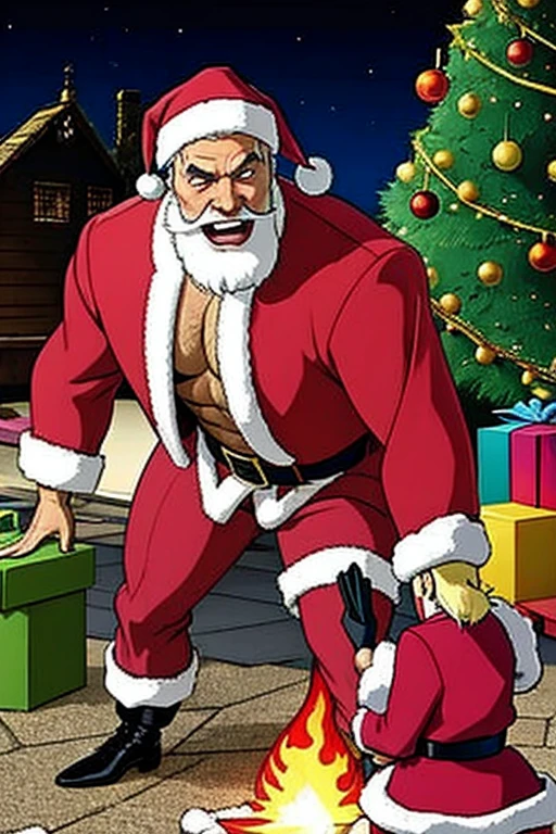 (Two persons) (one kid +Santa Claus) laughing Santa Claus  fighting against a kid, Christmas presents burnin in the background