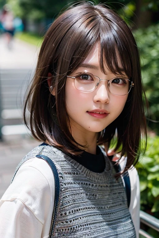 (8K、Raw photography、top-quality、​masterpiece:1.2)、(realisitic、Photorealsitic:1.37)、ultra-detailliert、超A high resolution、女の子1人、see the beholder、beautifull detailed face、a smile、Constriction、(Slim waist) :1.3)、shirt beautiful skin、Skin Texture、Floating hair、Professional Lighting、cram school、Glasses、Whole human body、Brown hair、Landscape screen
