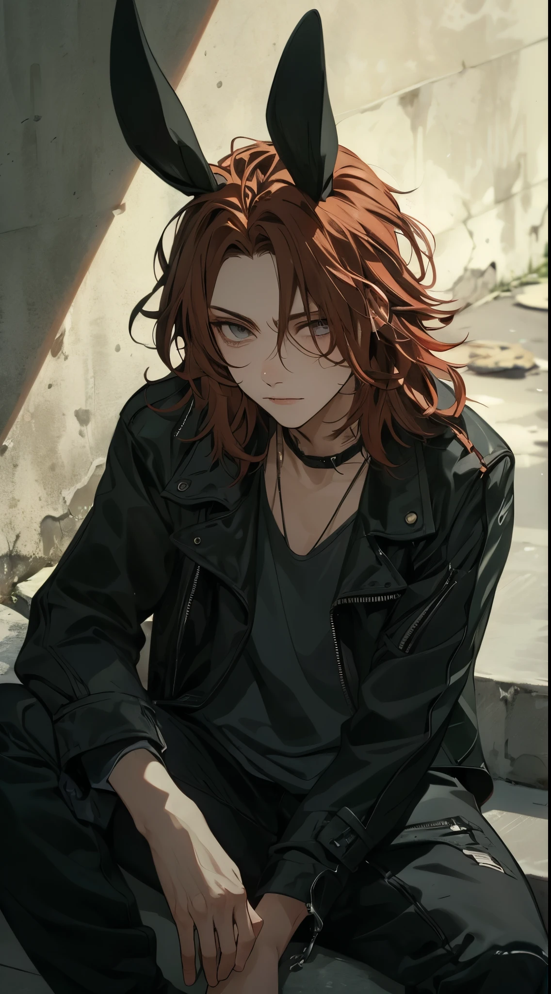 close-up on male, beautiful young man, red shoulder length hair, black leather jacket, gray eyes, black rabbit ears, unfaithful expression, sitting with cheekbones, concrete wall, sitting on concrete steps, dynamic lighting,high quality, amount of drawing, pixiv illustration